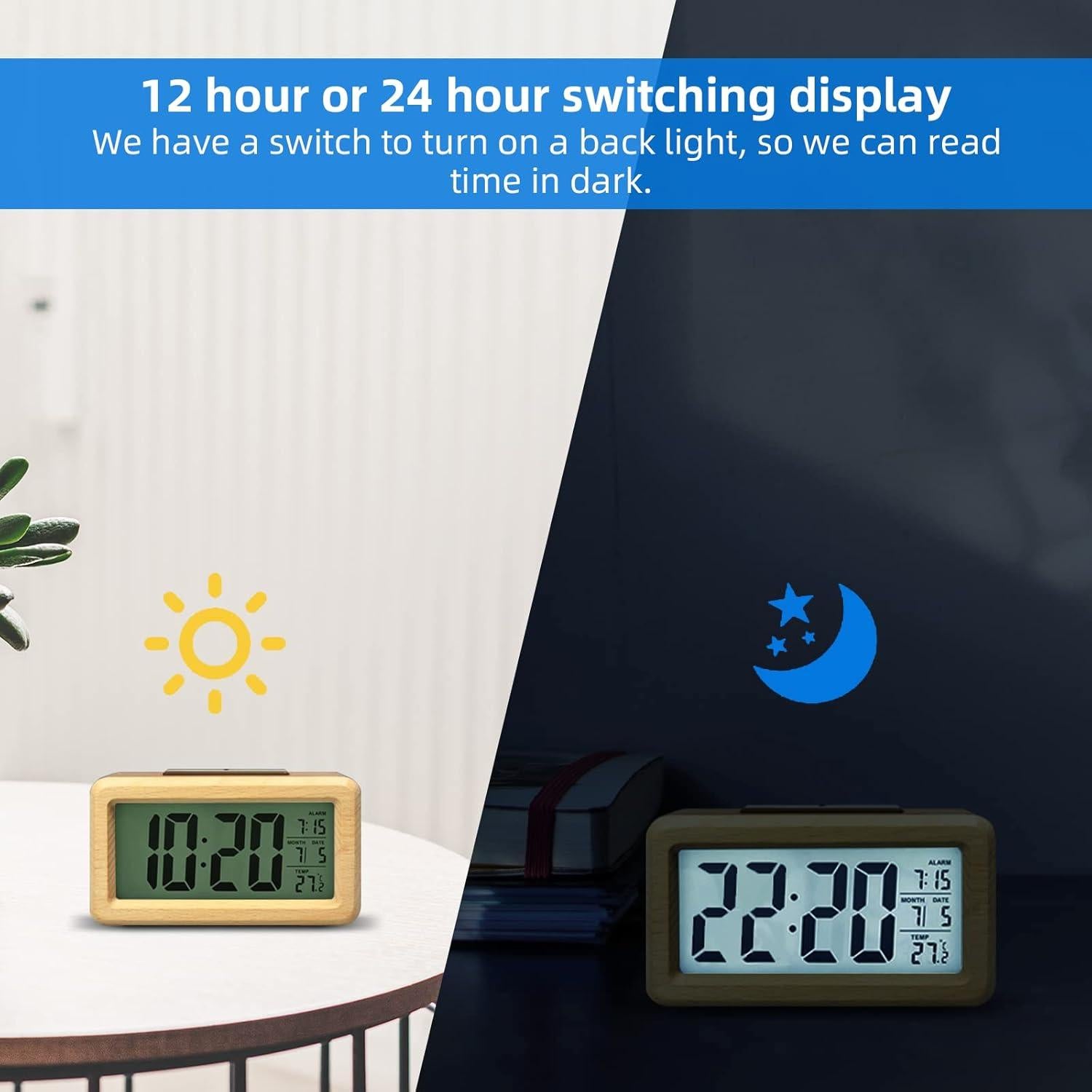 Reloj Despertador Digital de Madera Everwood con Luz LED