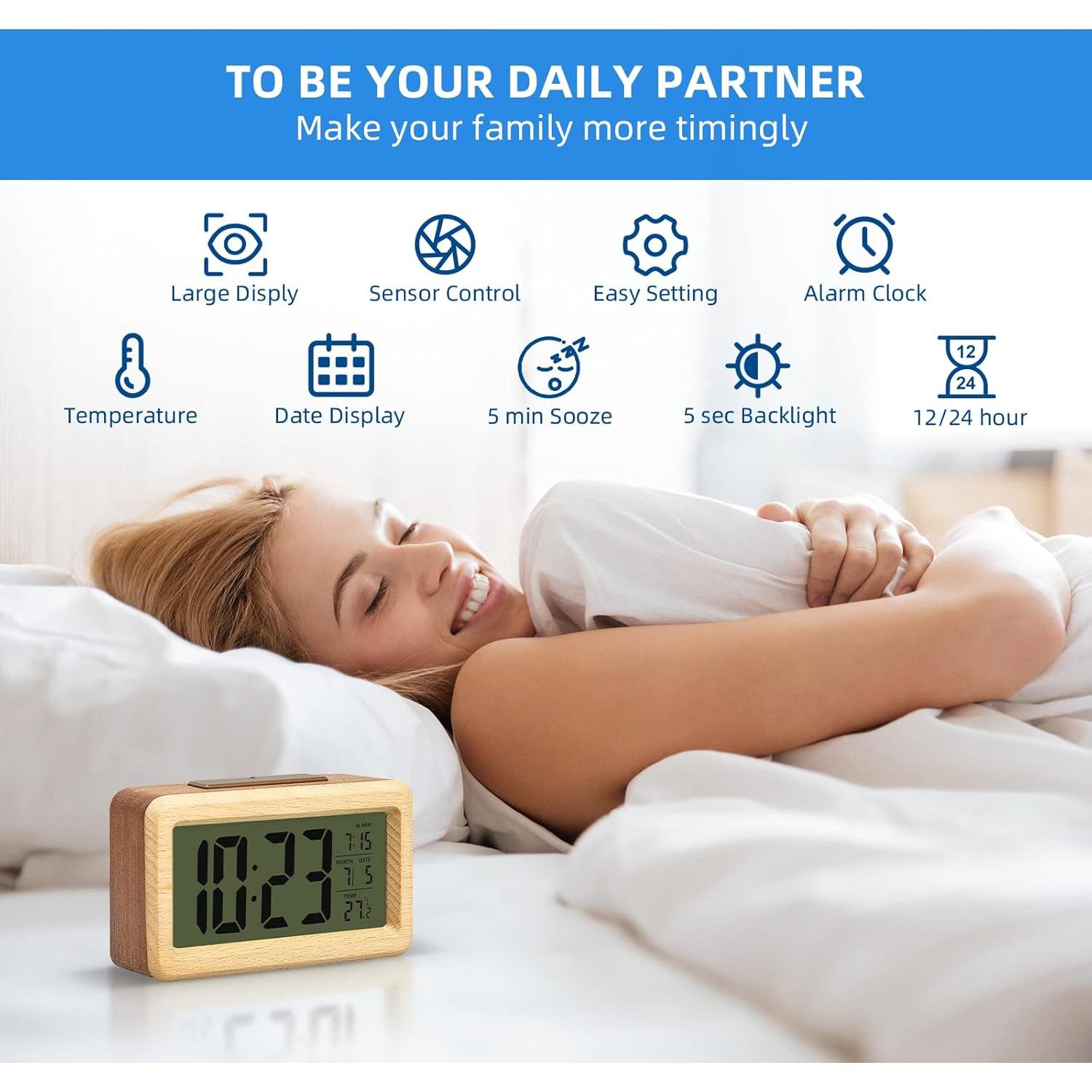 Reloj Despertador Digital de Madera Everwood con Luz LED