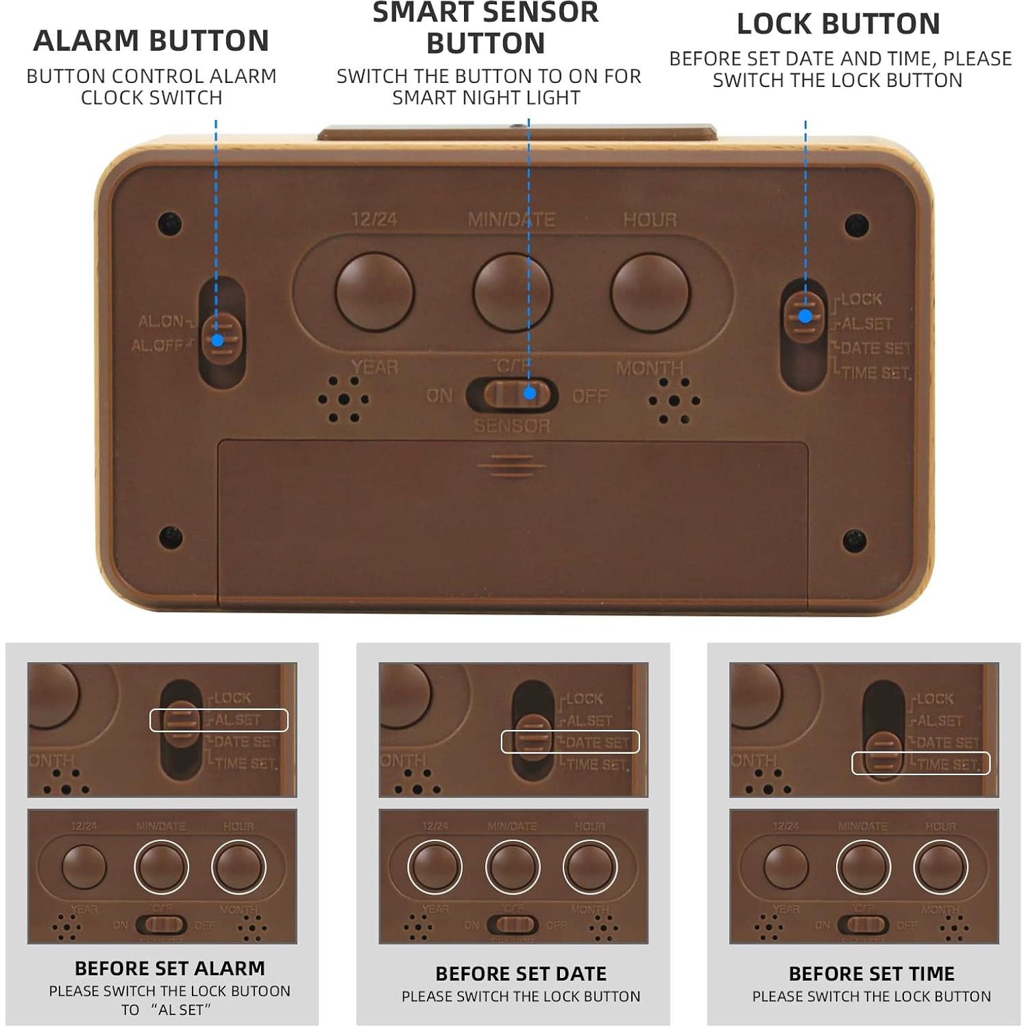 Reloj Despertador Digital de Madera Everwood con Luz LED