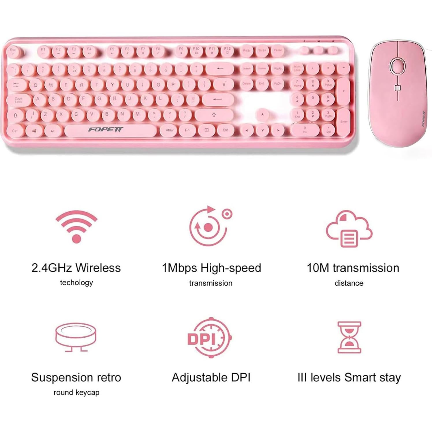 Combo Teclado y Ratón Inalámbricos Ubxxziy Rosa 104 Teclas