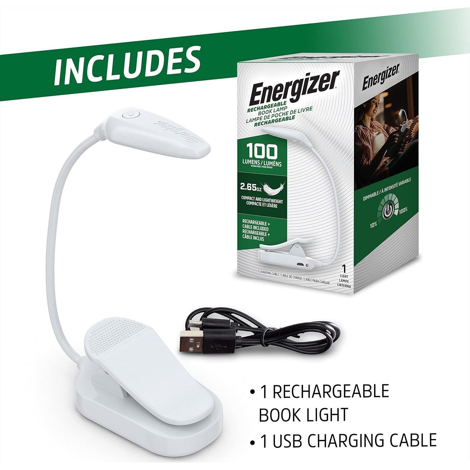 Luz de Libro LED Recargable Energizer, 3 Modos, Clip