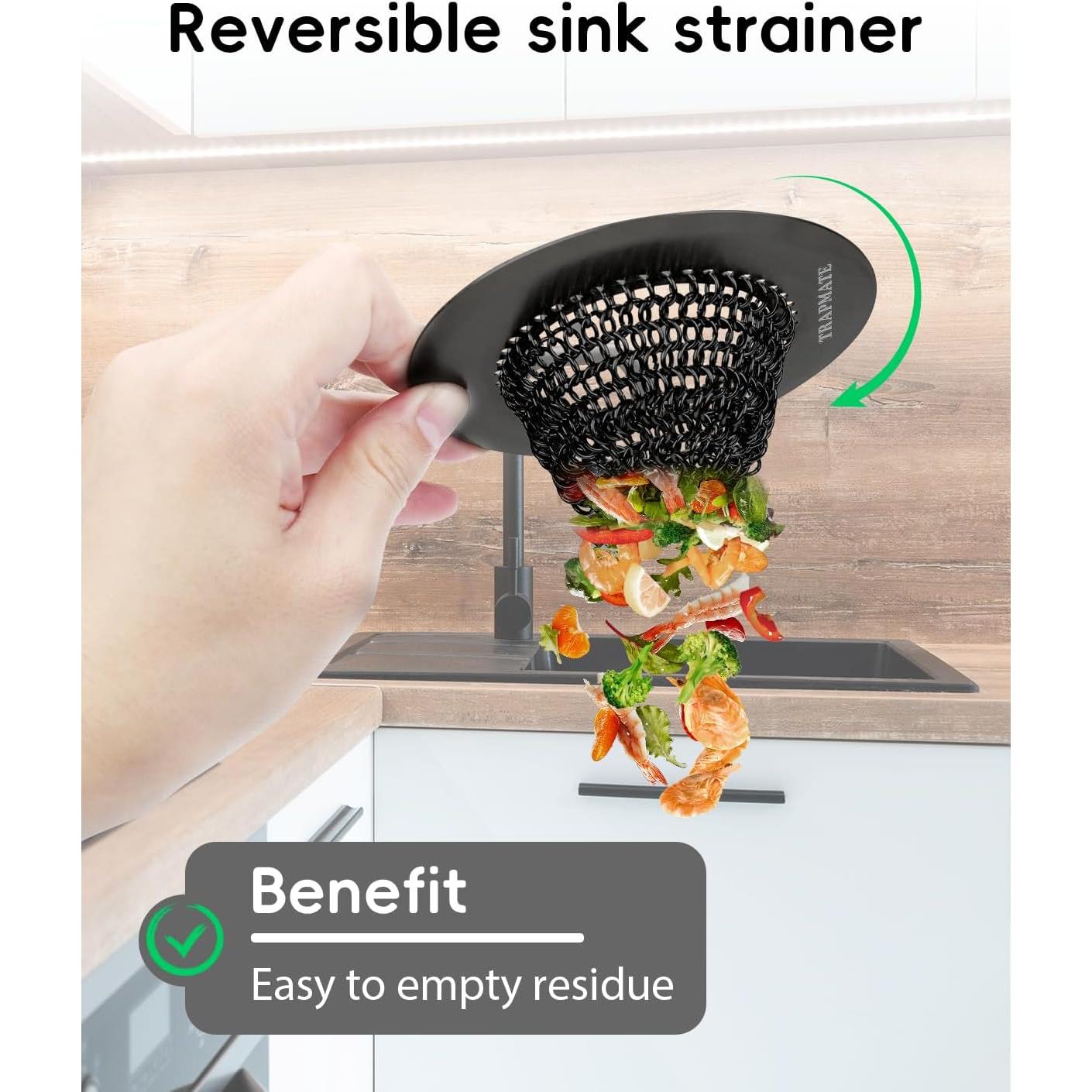 Kitchen Sink Strainer, Reversible Easy Clean Sink Drain Strainer, 304 Stainless Steel Kitchen Drain Cover Sink Basket, Anti-Clogging Garbage Disposal Strainer Fit US Standard Drain (Black)
