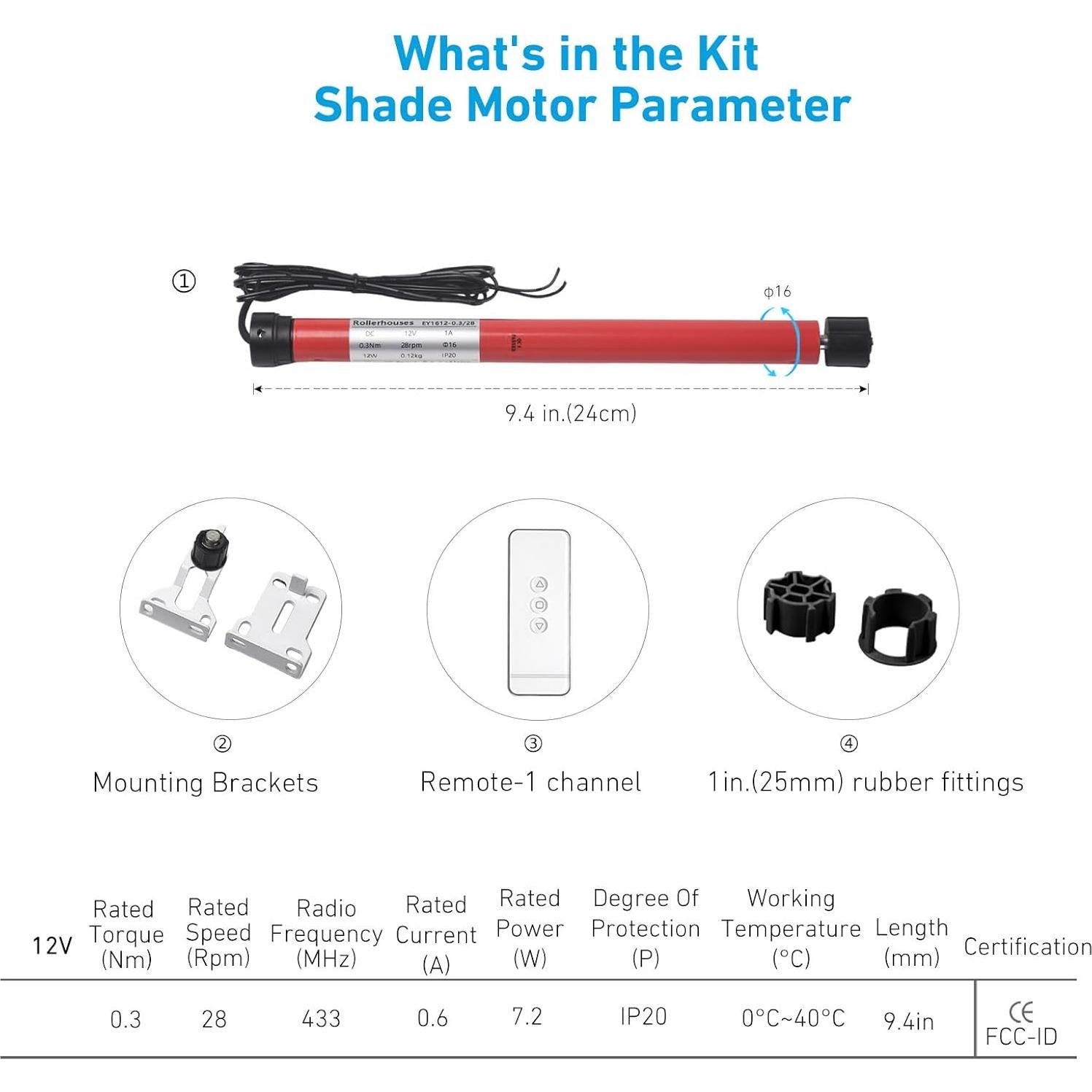 Motor Tubular 12V DC Rollerhouse para Persianas 1" (25mm)