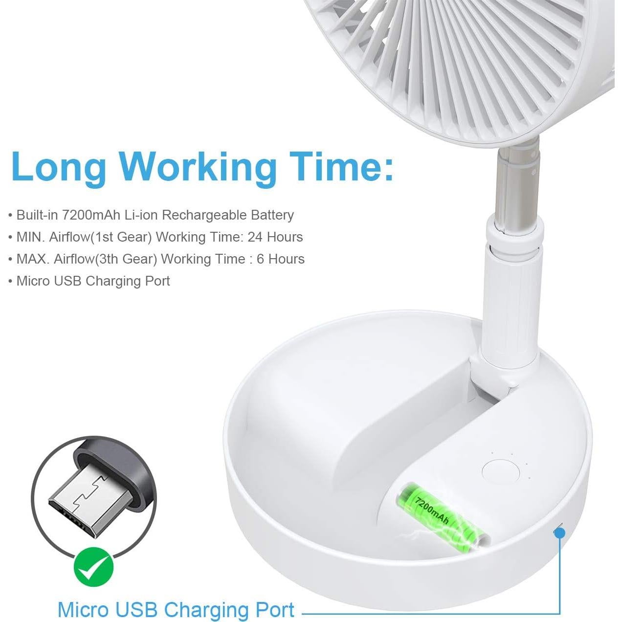 Ventilador de pedestal QUALORI Plegable Recargable 4 Velocidades