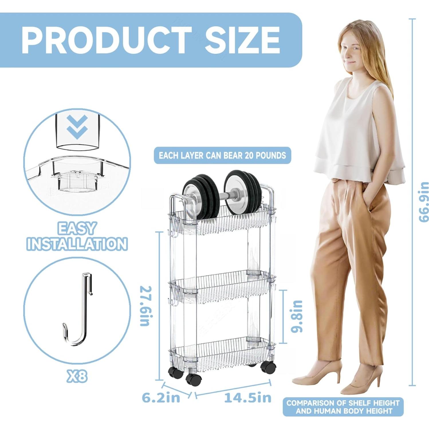 Carro Rodante de Almacenamiento Yieach 3 Niveles Transparente