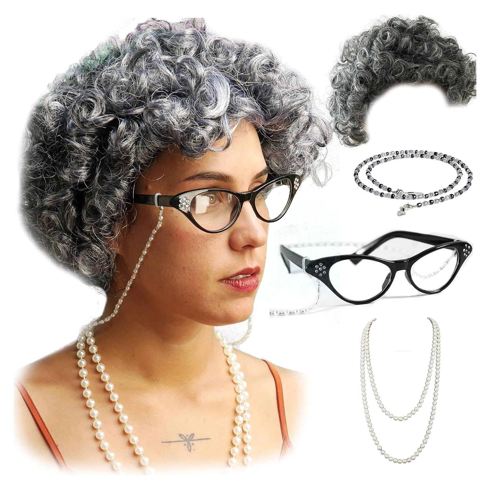 Disfraz de Abuela Vibe con Peluca Gris y Accesorios 5 Pzs