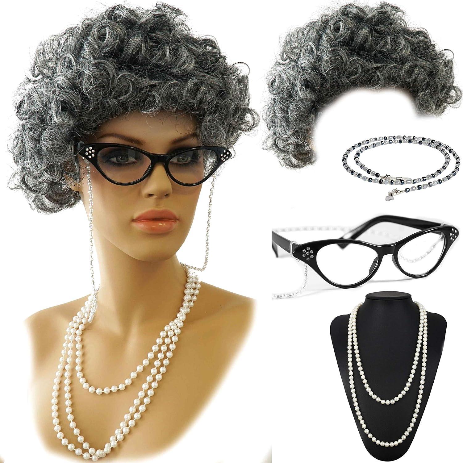 Disfraz de Abuela Vibe con Peluca Gris y Accesorios 5 Pzs