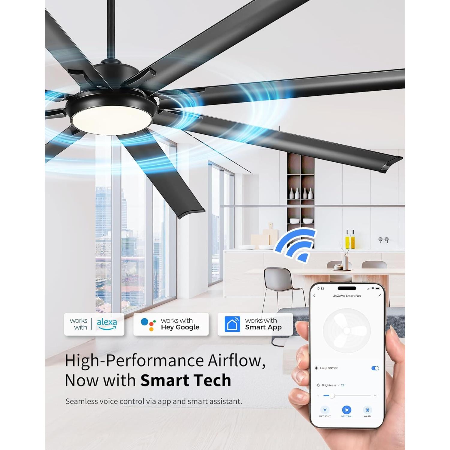 Ventilador de Techo JAZAVA 213 cm con Luz LED y Control Remoto