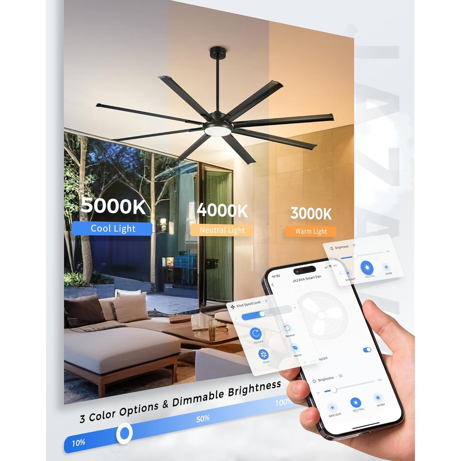 Ventilador de Techo JAZAVA 213 cm con Luz LED y Control Remoto