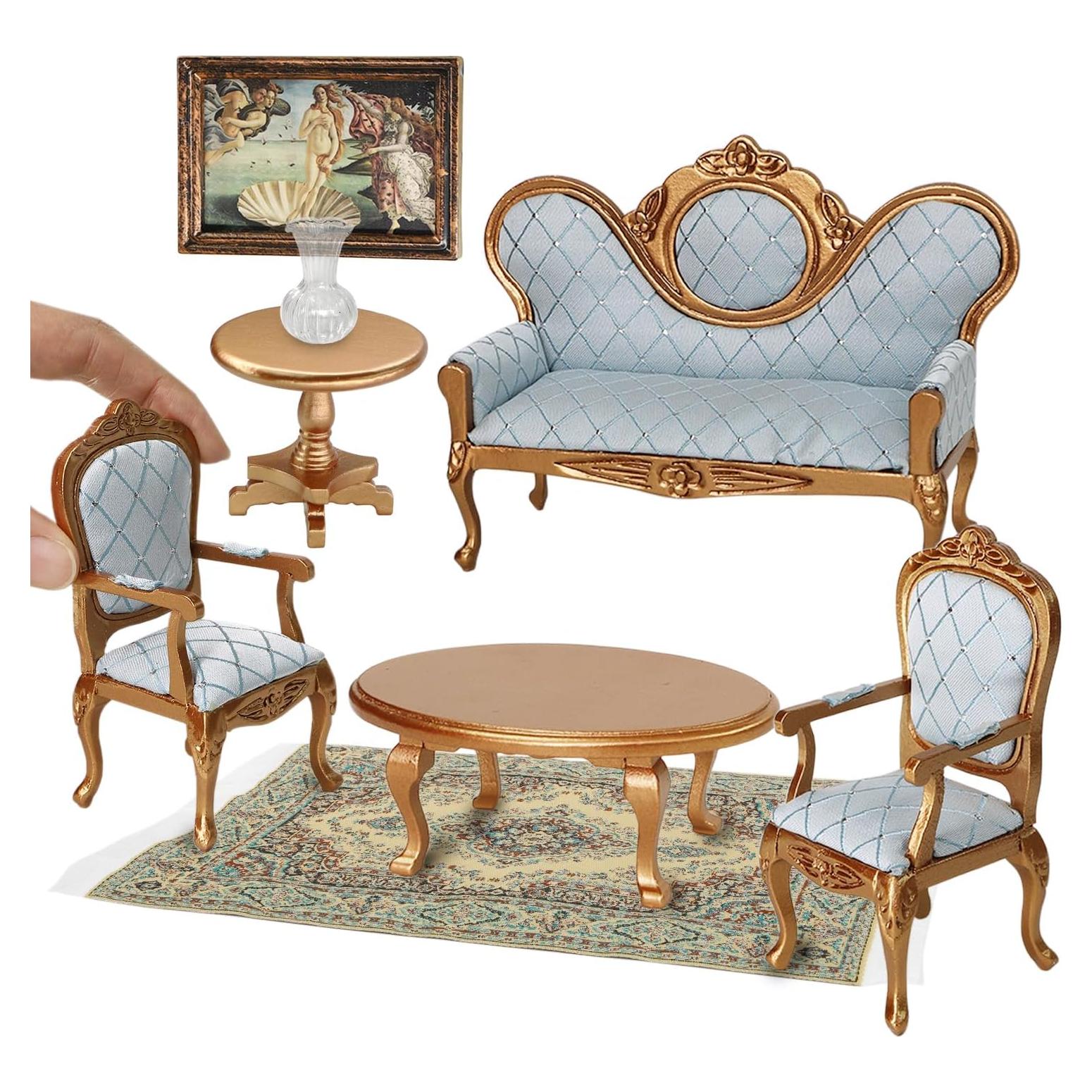 Conjunto de Muebles para Casa de Muñecas iLAND 8 Piezas Oro y Azul