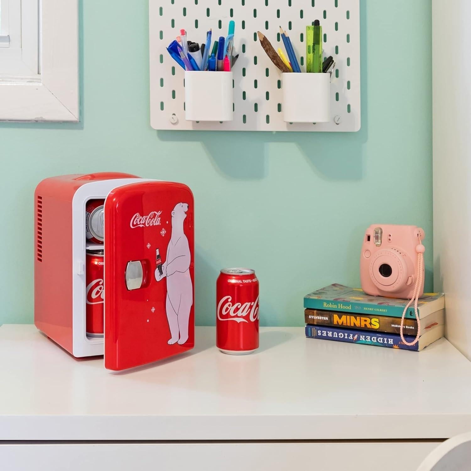 Coca Cola Polar Bear Mini Fridge Compact and Cute Refrigerator for Bedroom Office Dorm Travel Skincare Snacks and Drinks Small Portable Fridge with Adorable Polar Bear Design Perfect for Any Space