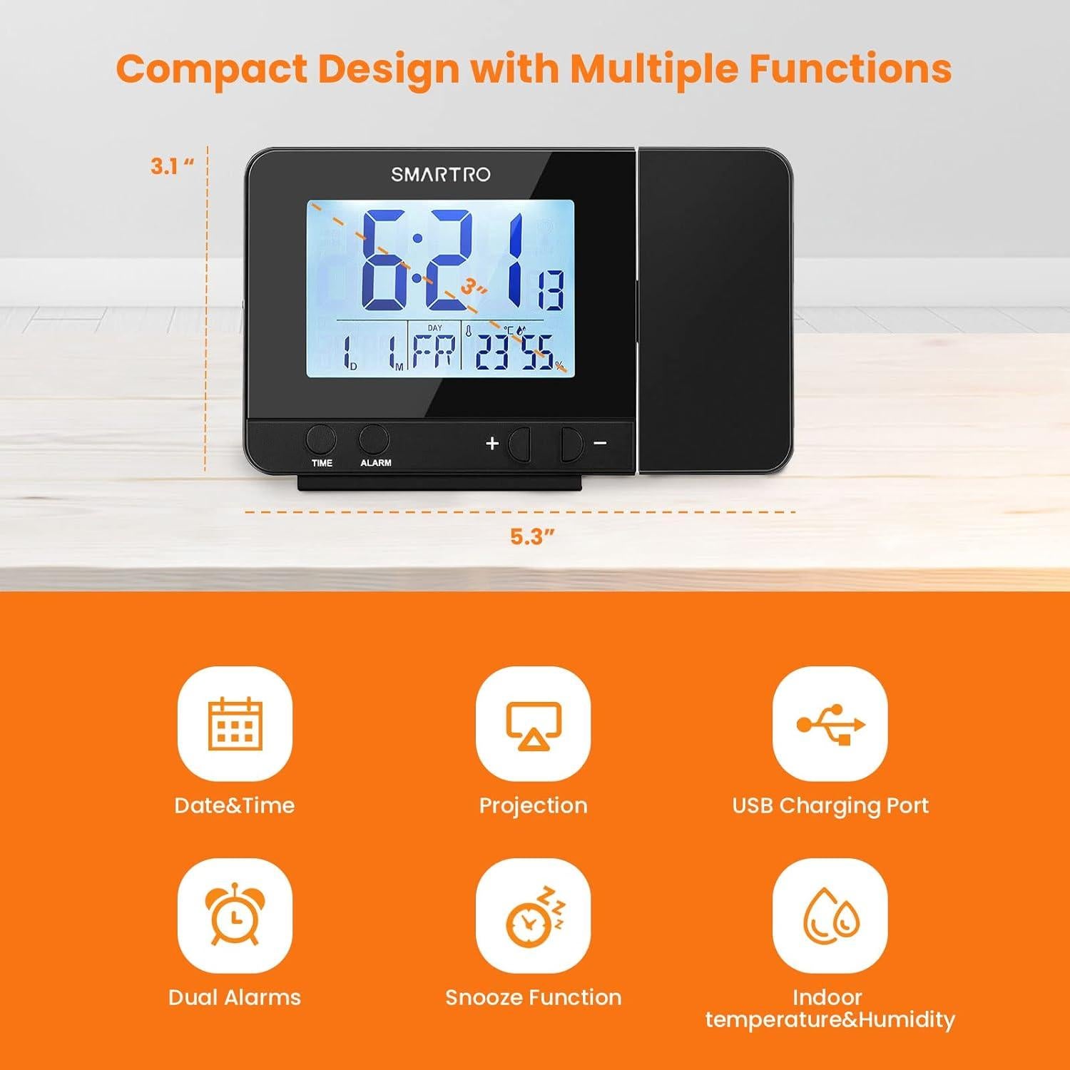 Reloj Despertador Digital SMARTRO con Proyector y USB