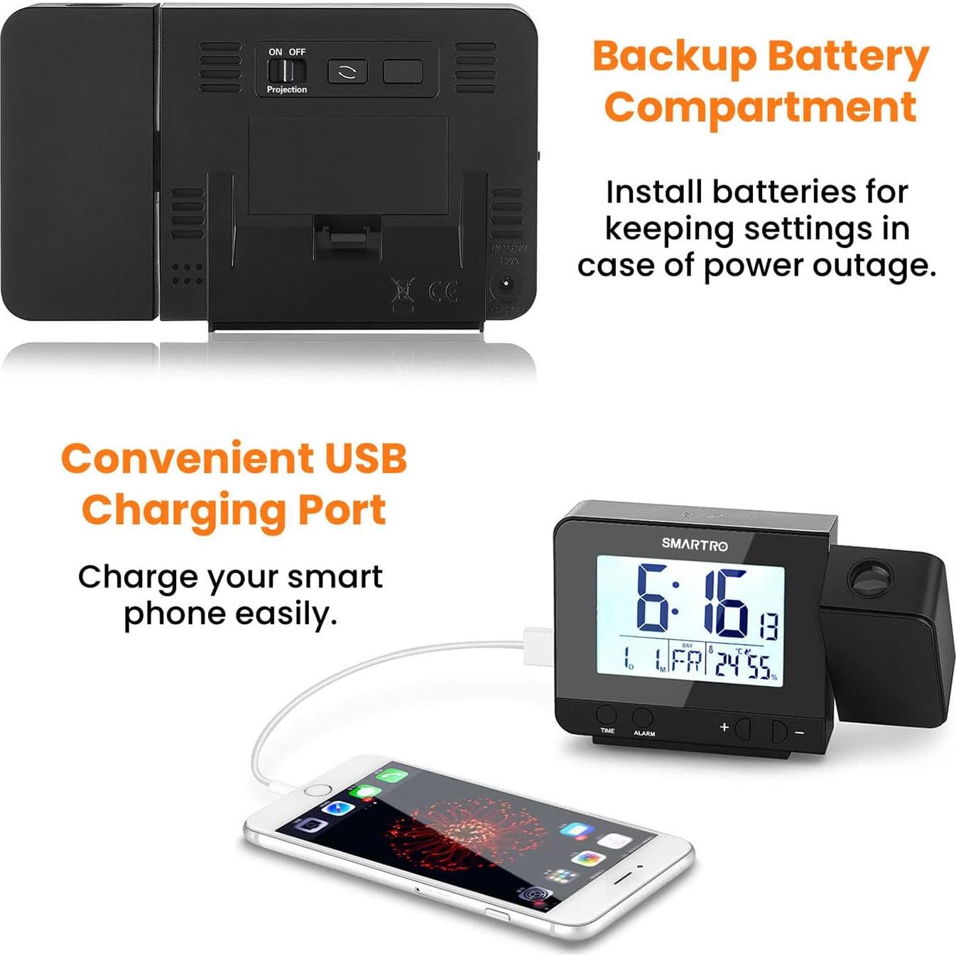 Reloj Despertador Digital SMARTRO con Proyector y USB