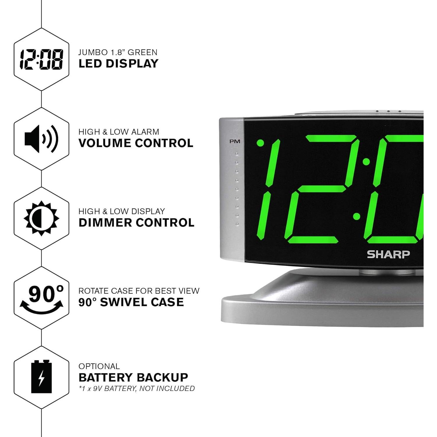 Reloj Despertador Digital SHARP LED Verde - Base Giratoria