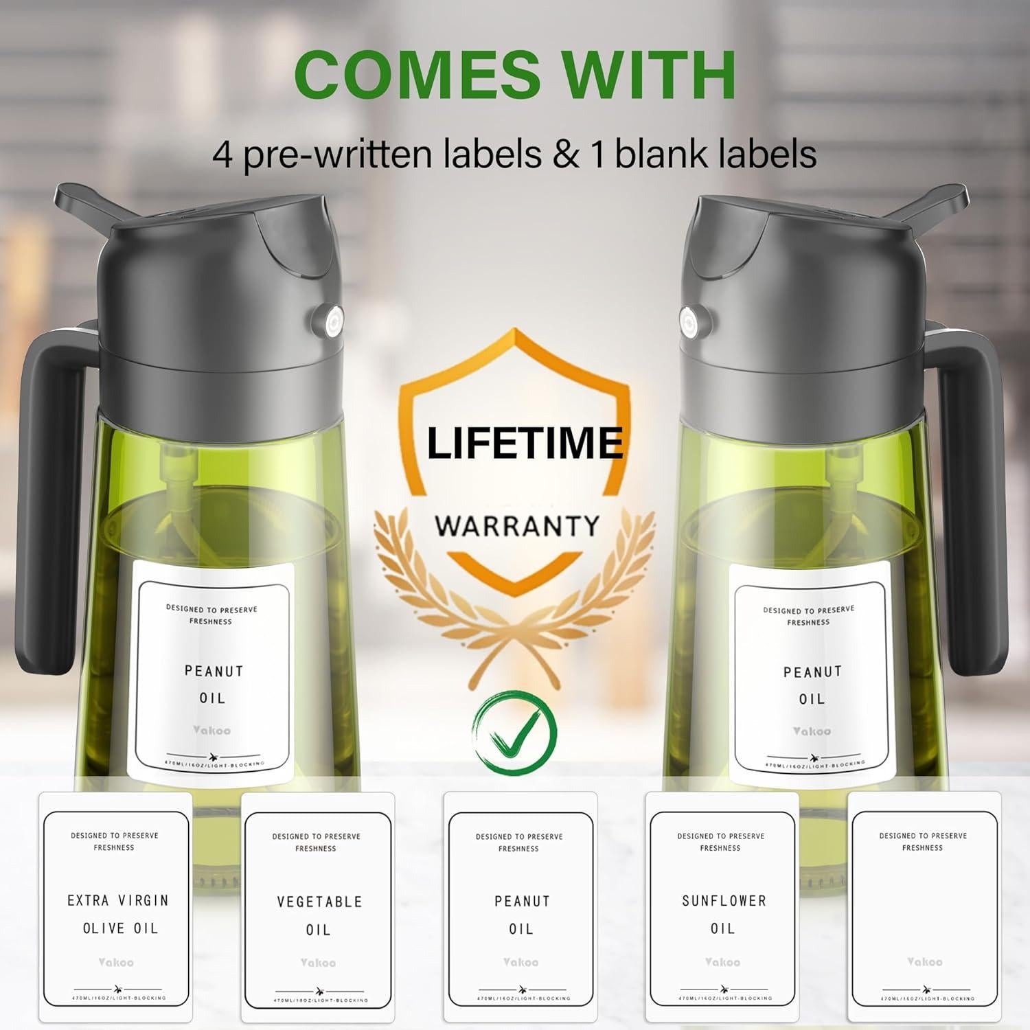 Pulverizador y Dispensador de Aceite Vakoo 470ml Vidrio Grado Alimenticio