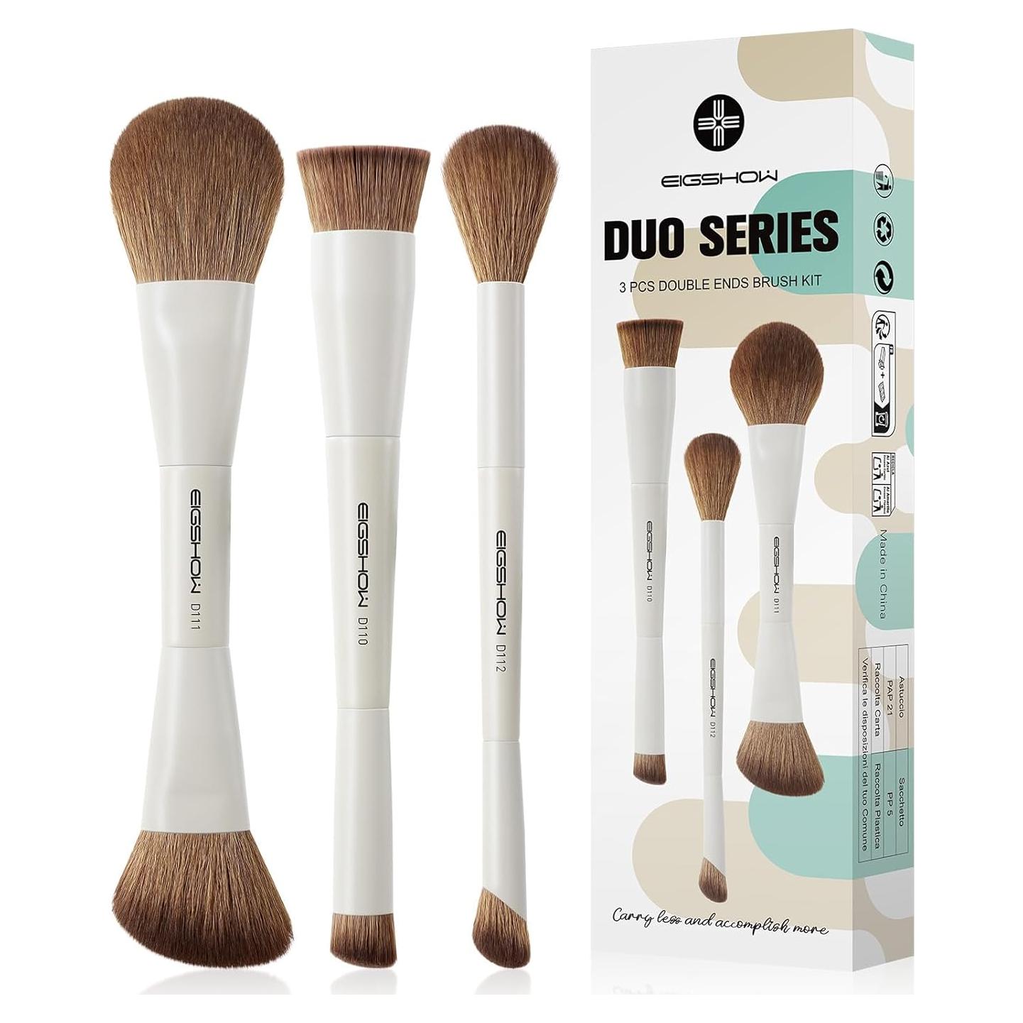 EIGSHOW Makeup Brush Set, 3Pcs Double Ended Face Makeup Brushes for Foundation Powder Contour Highlight Concealer Nose Shadow, Travel Gift Set (Beige)