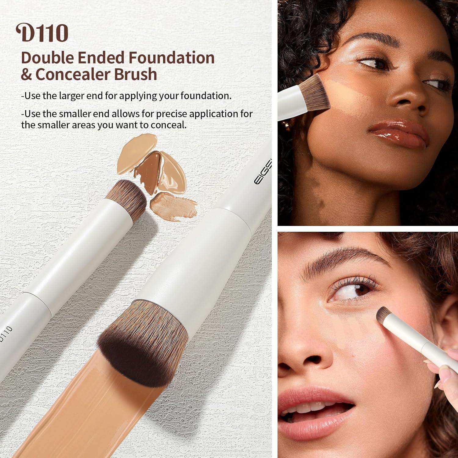 EIGSHOW Makeup Brush Set, 3Pcs Double Ended Face Makeup Brushes for Foundation Powder Contour Highlight Concealer Nose Shadow, Travel Gift Set (Beige)