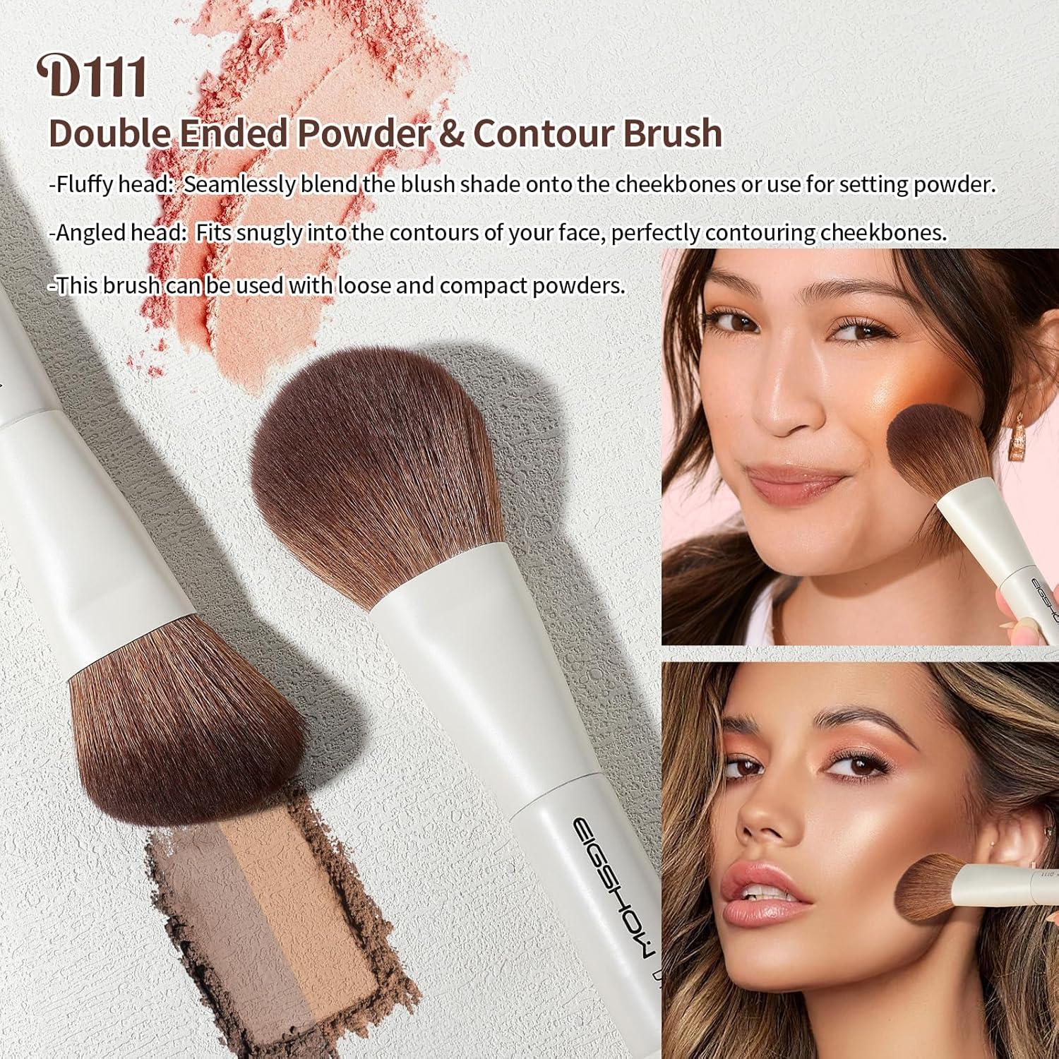 EIGSHOW Makeup Brush Set, 3Pcs Double Ended Face Makeup Brushes for Foundation Powder Contour Highlight Concealer Nose Shadow, Travel Gift Set (Beige)