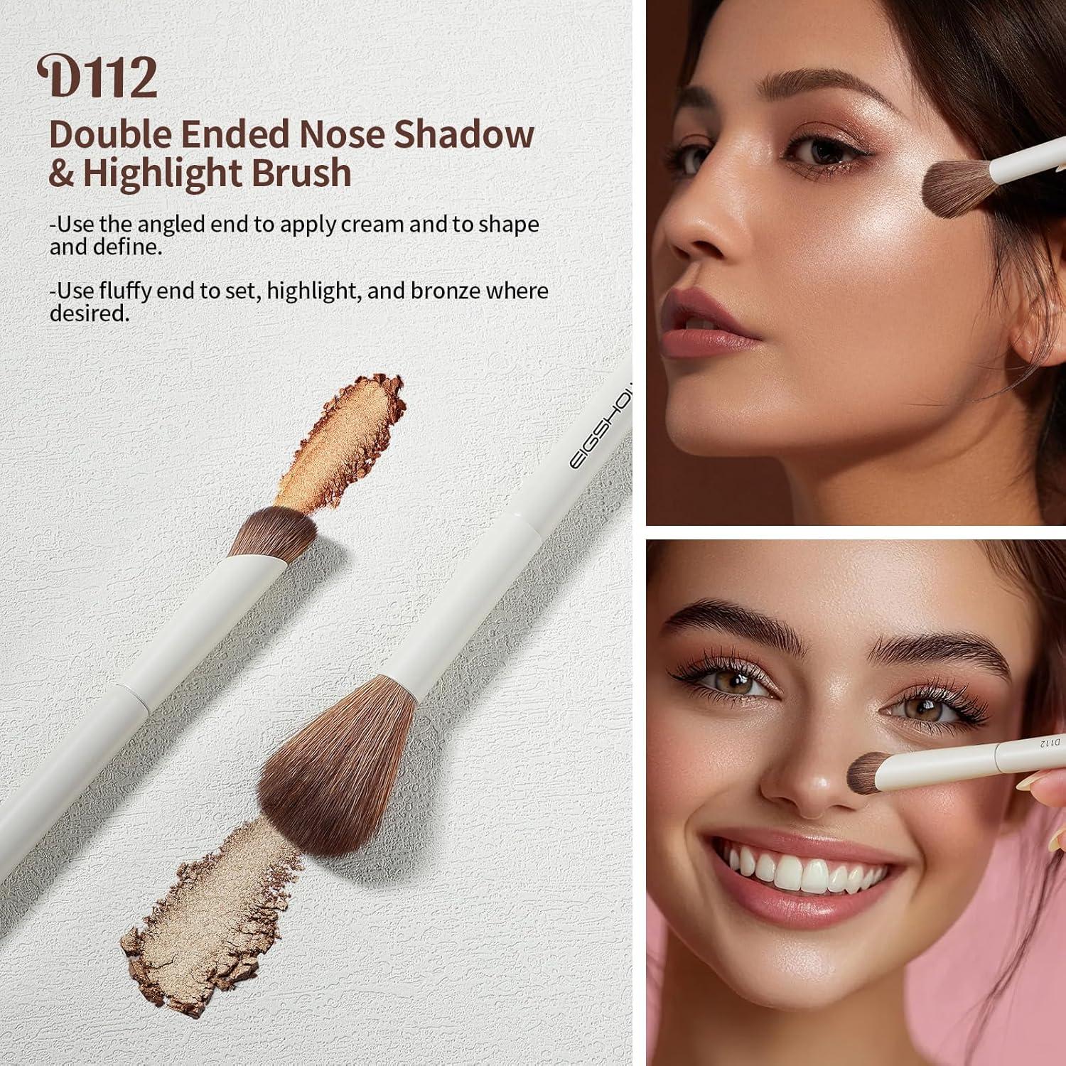 EIGSHOW Makeup Brush Set, 3Pcs Double Ended Face Makeup Brushes for Foundation Powder Contour Highlight Concealer Nose Shadow, Travel Gift Set (Beige)