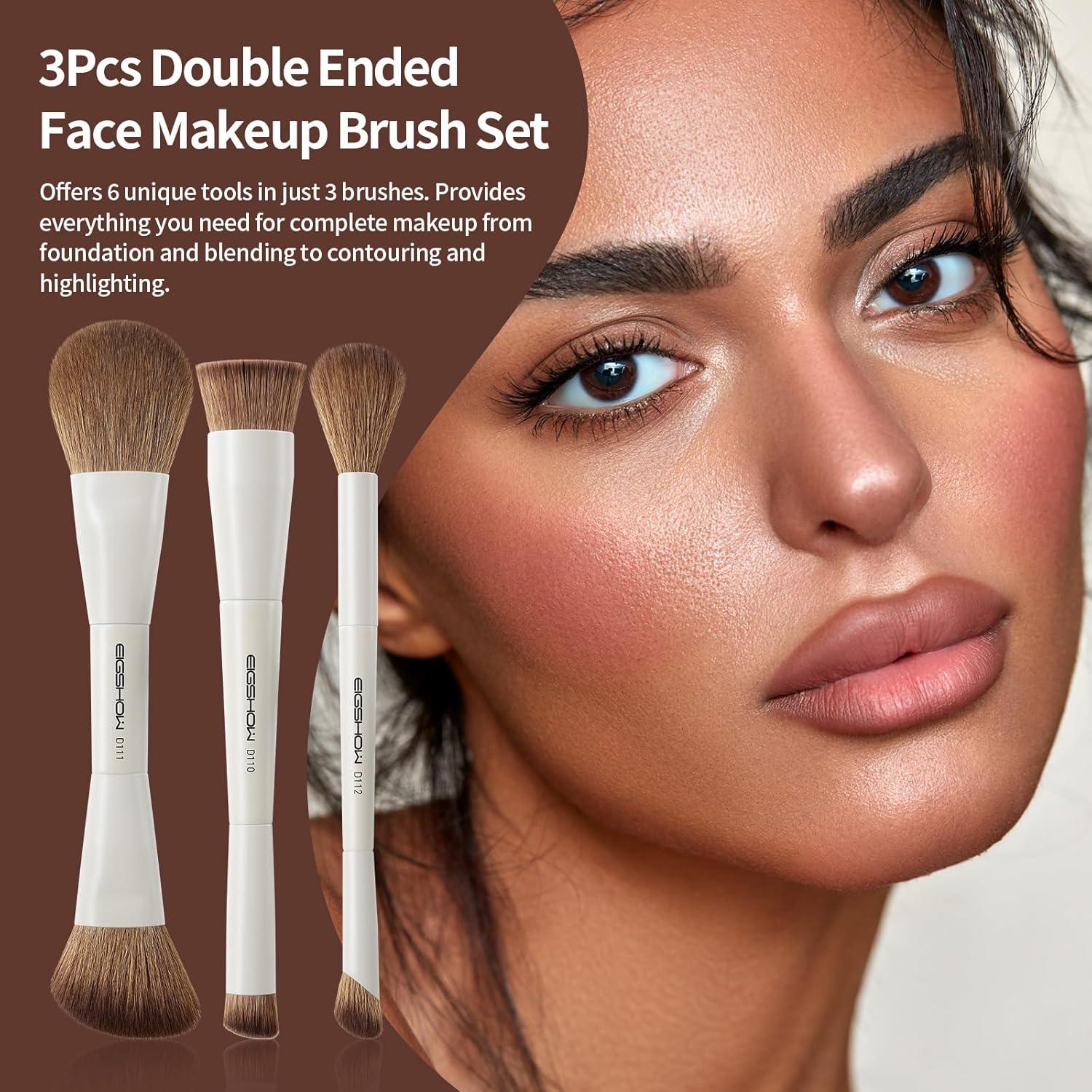 EIGSHOW Makeup Brush Set, 3Pcs Double Ended Face Makeup Brushes for Foundation Powder Contour Highlight Concealer Nose Shadow, Travel Gift Set (Beige)
