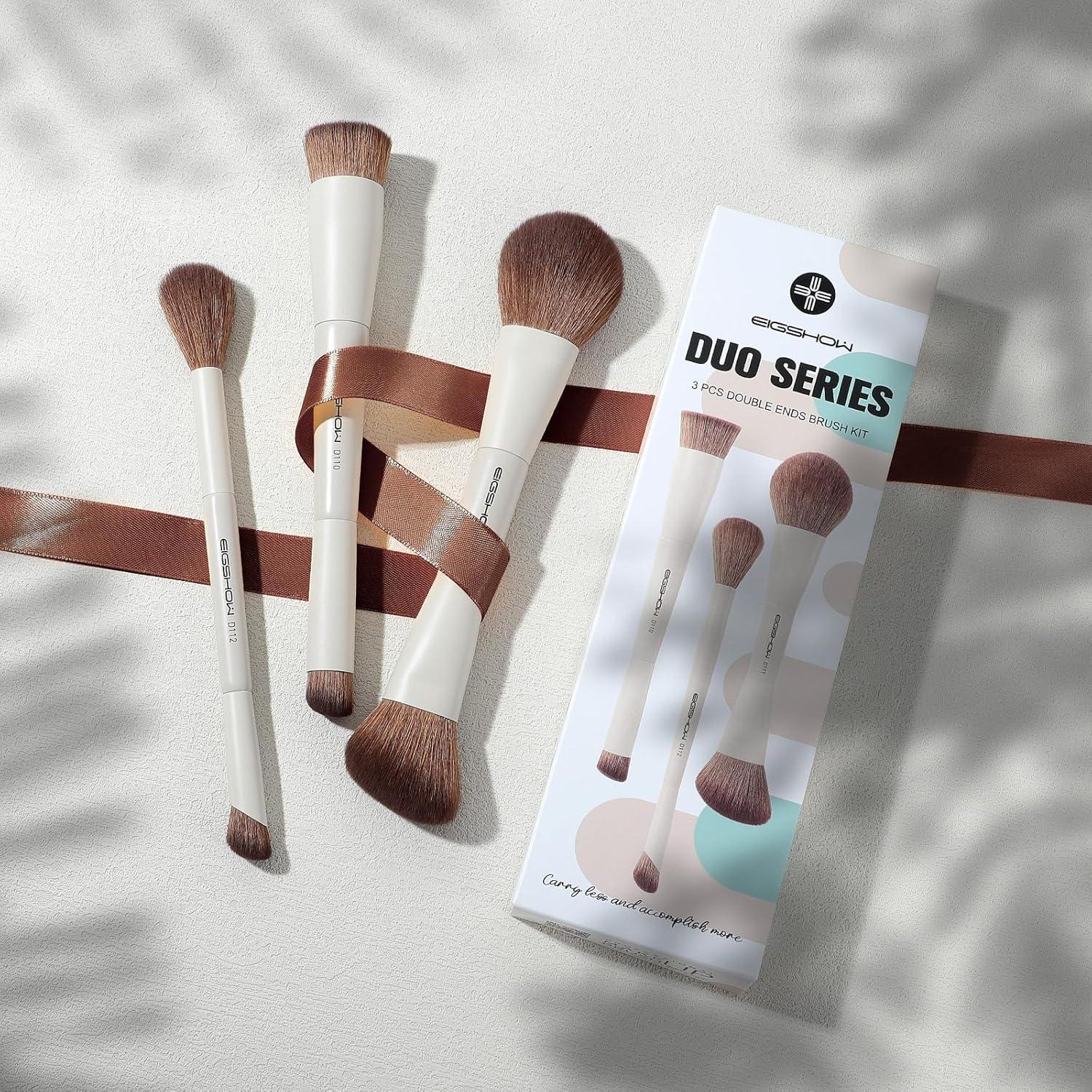 EIGSHOW Makeup Brush Set, 3Pcs Double Ended Face Makeup Brushes for Foundation Powder Contour Highlight Concealer Nose Shadow, Travel Gift Set (Beige)