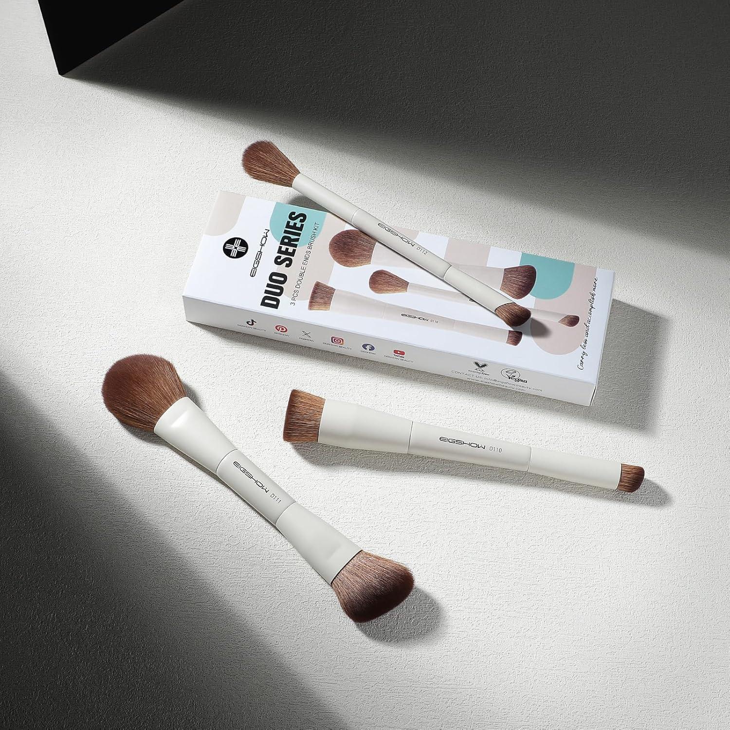 EIGSHOW Makeup Brush Set, 3Pcs Double Ended Face Makeup Brushes for Foundation Powder Contour Highlight Concealer Nose Shadow, Travel Gift Set (Beige)