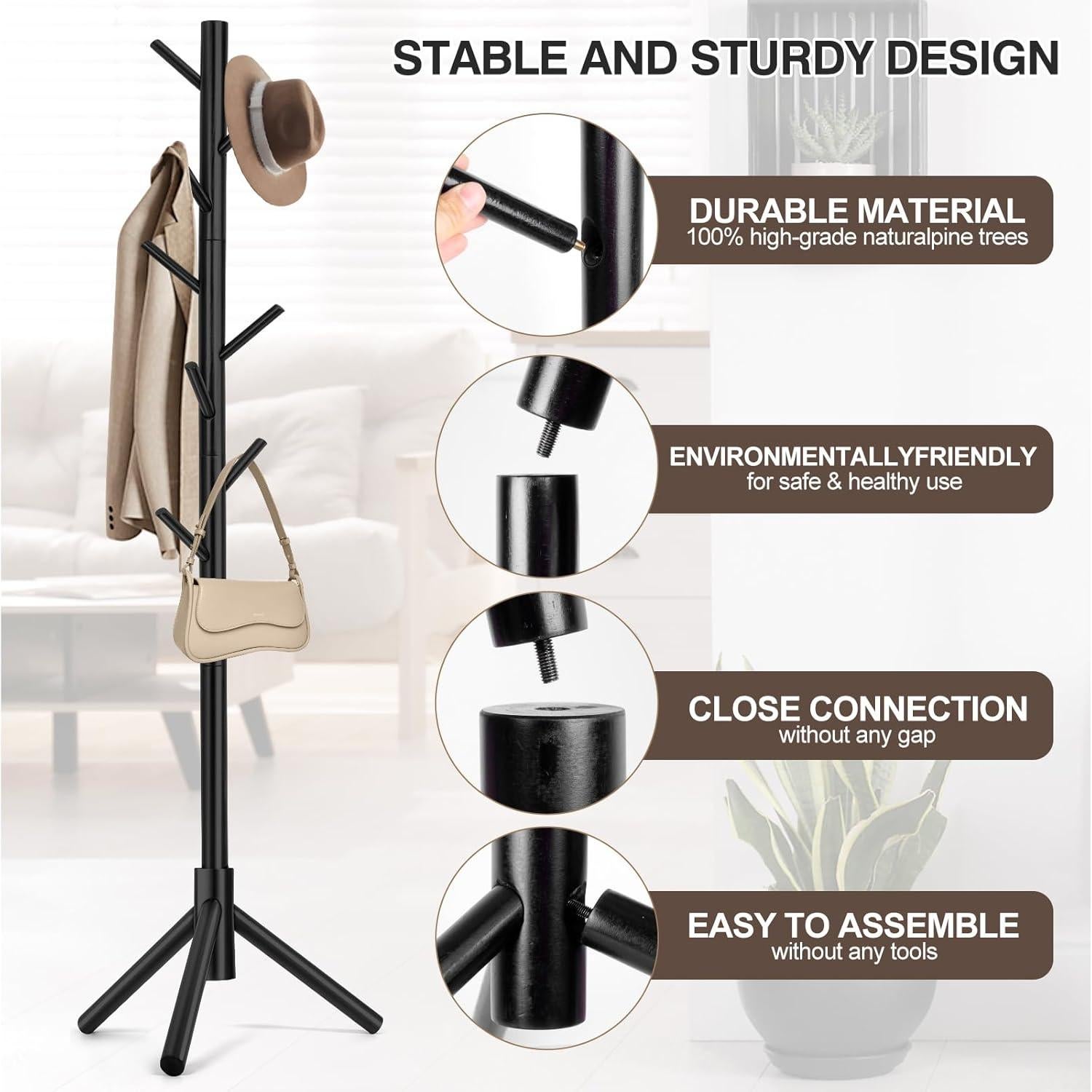 Perchero de pie ajustable WANGMUXIA con 8 ganchos - Negro