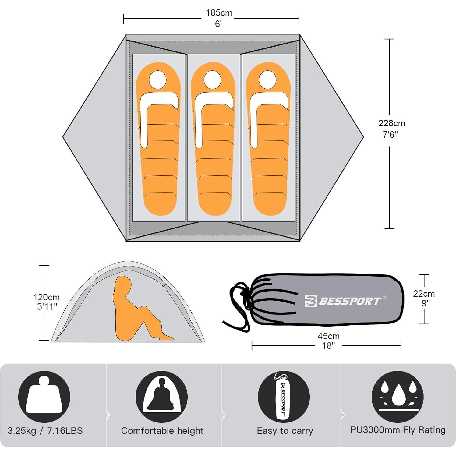 Tienda de Camping Bessport para 3 Personas Impermeable