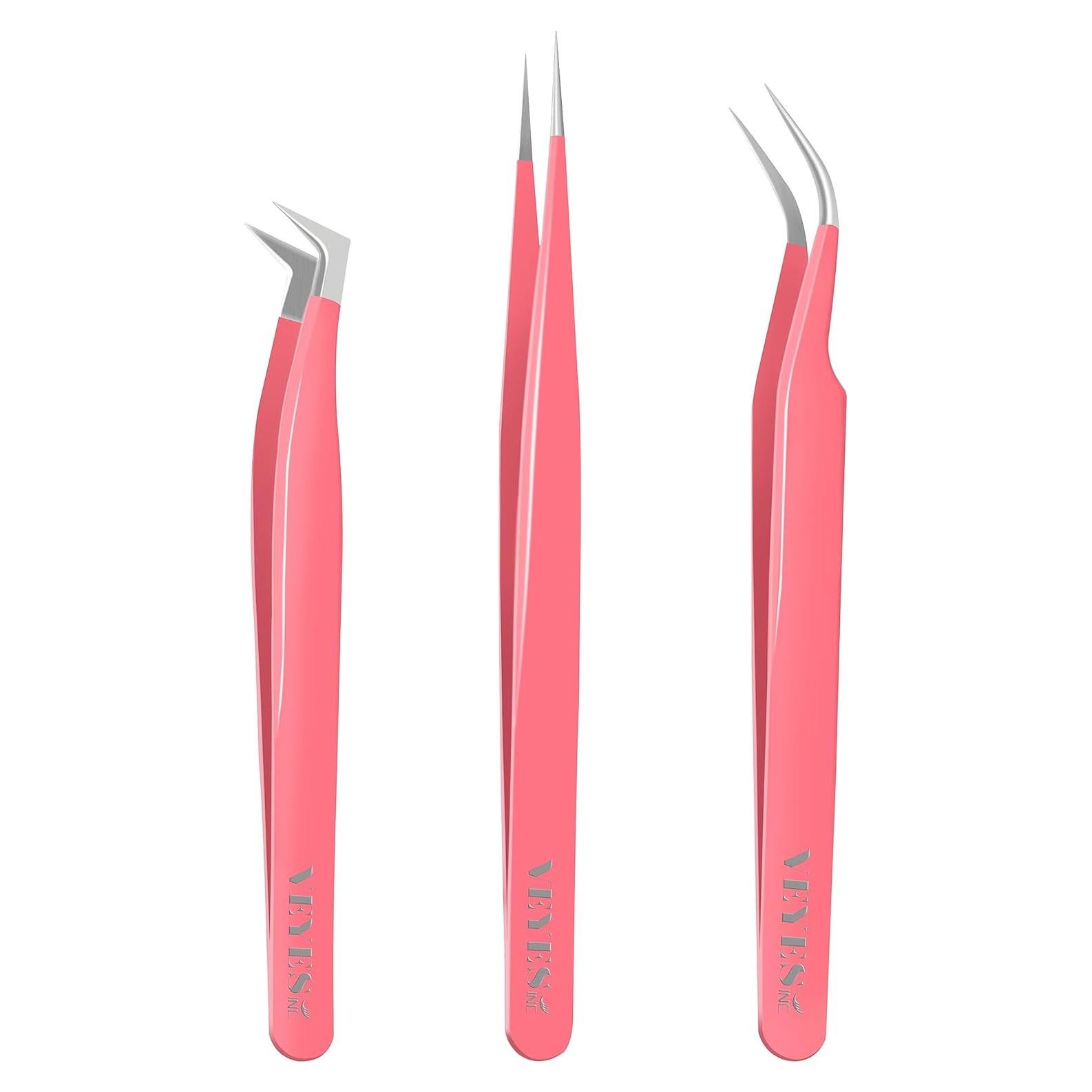 Pinzas VEYES INC para extensiones de pestañas 3 piezas Rosa