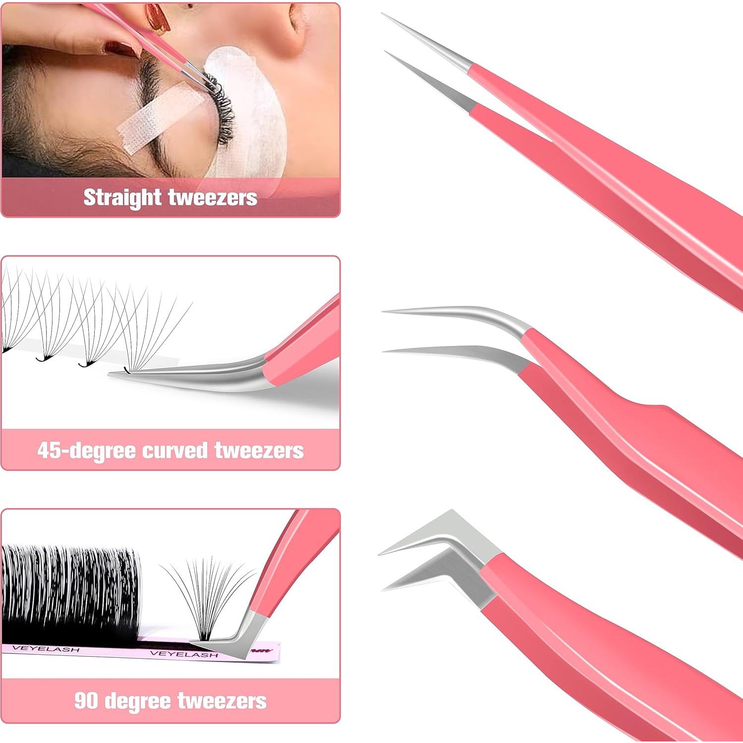 Pinzas VEYES INC para extensiones de pestañas 3 piezas Rosa