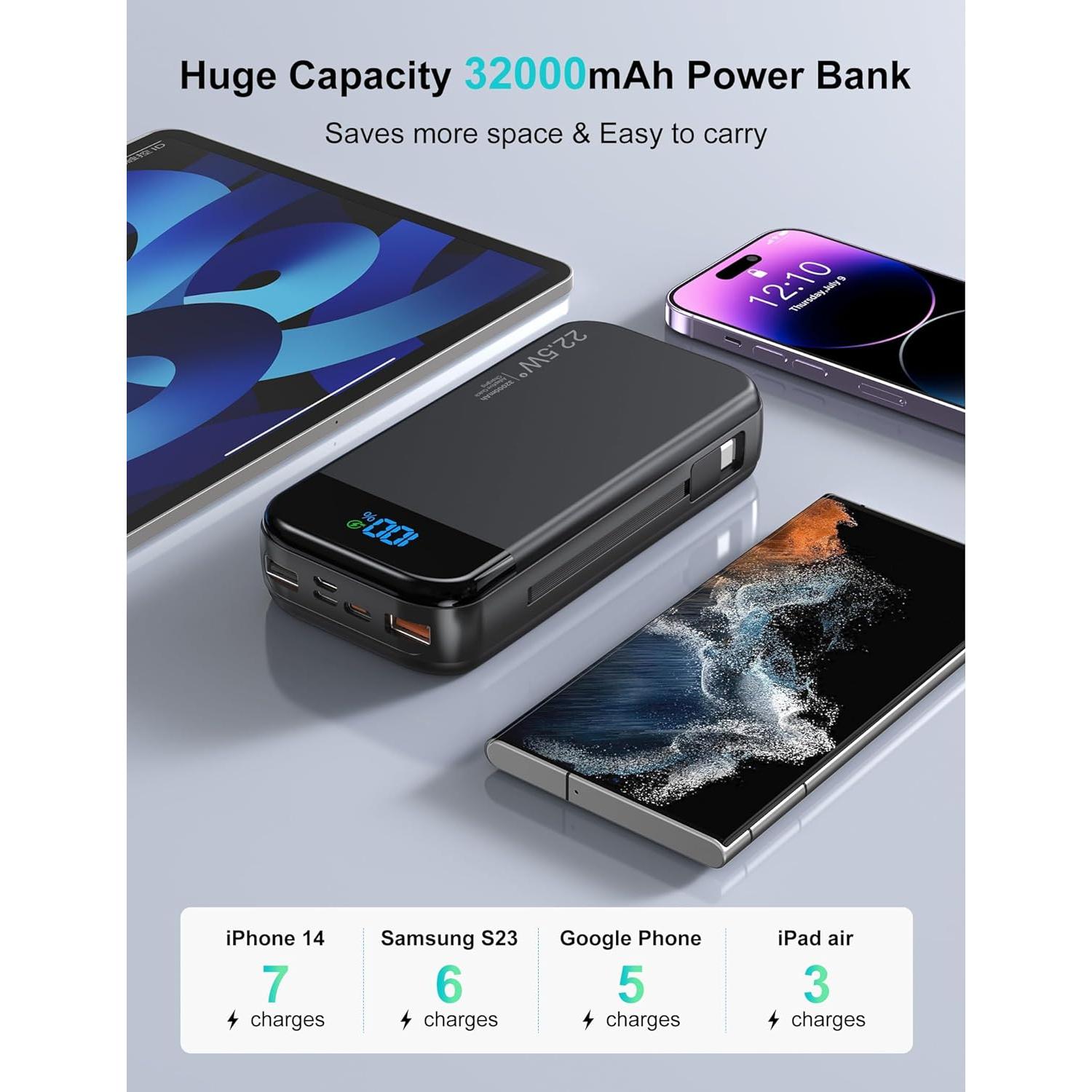 Cargador Portátil LENGSUM 32000mAh con Cables Integrados