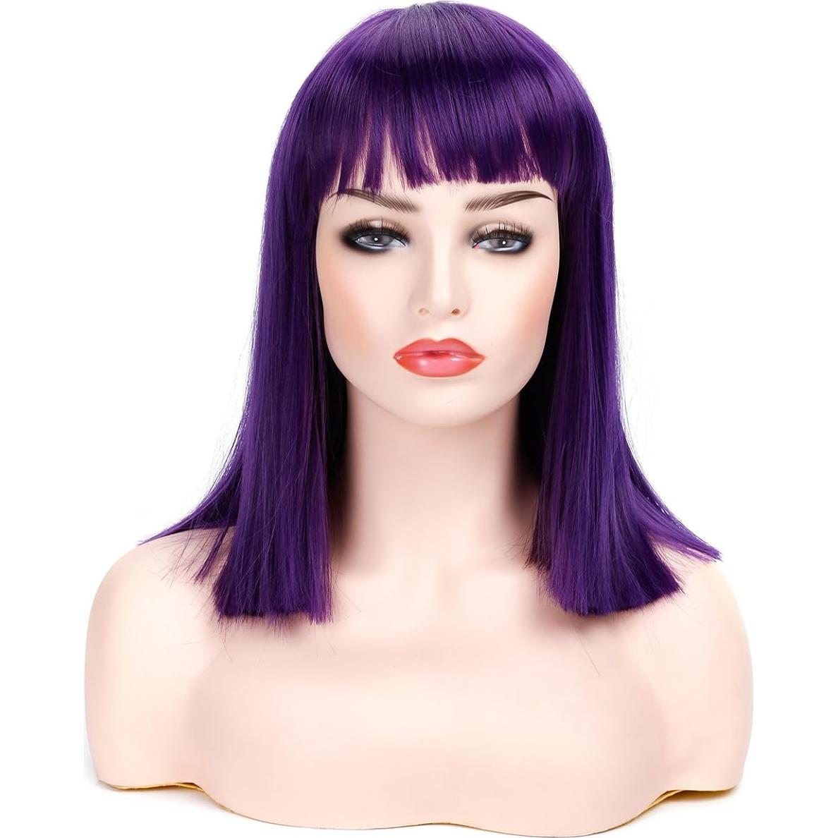 Peluca corta recta Morvally morada con flequillo 35.56 cm
