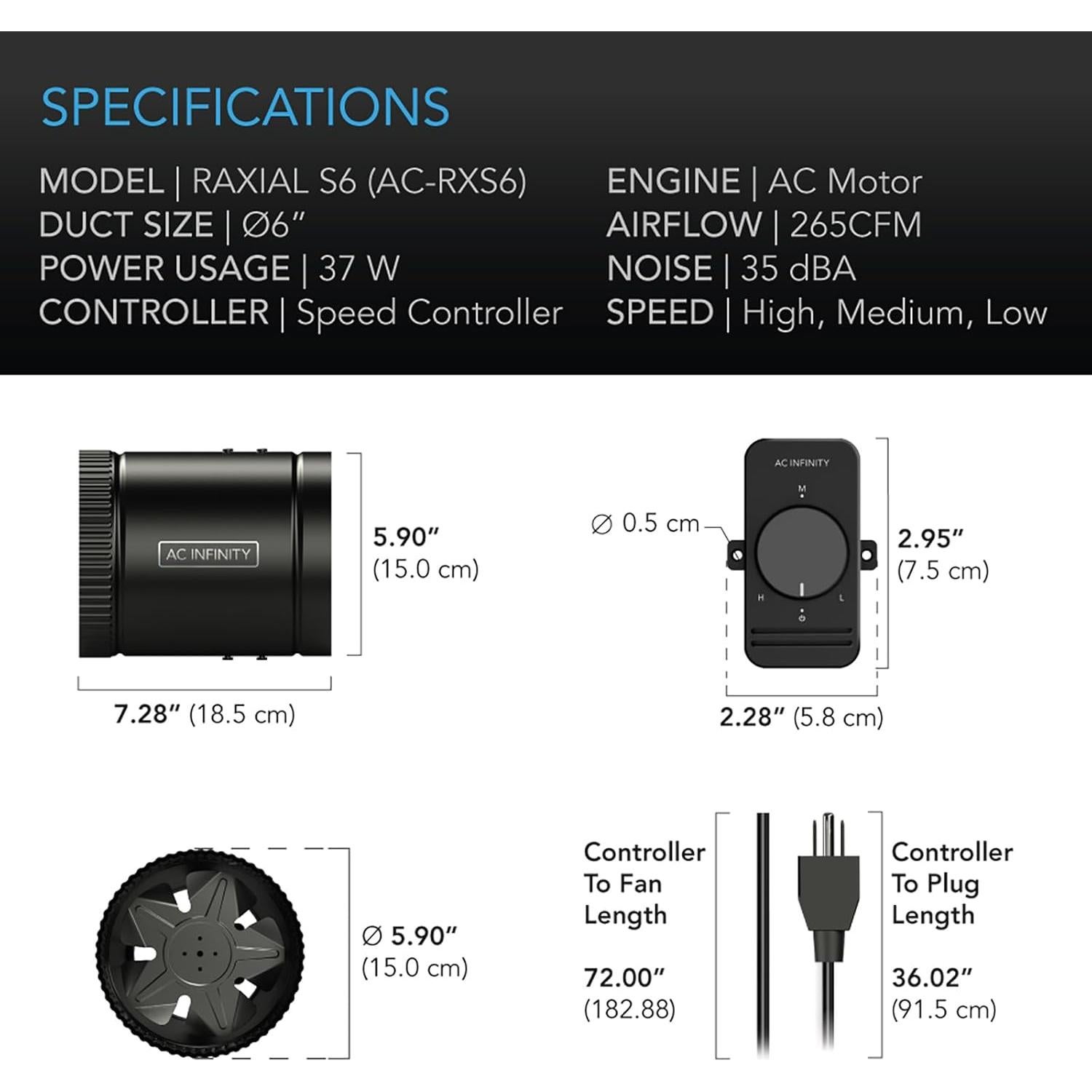 Ventilador de Conducto AC Infinity RAXIAL S6 6" Control Velocidad