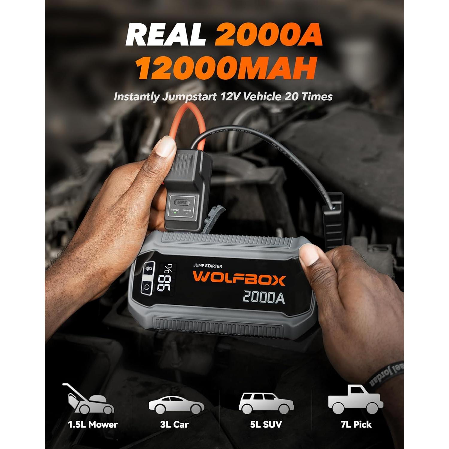 Arrancador de Salto WOLFBOX MegaVolt12 2000A 12000mAh