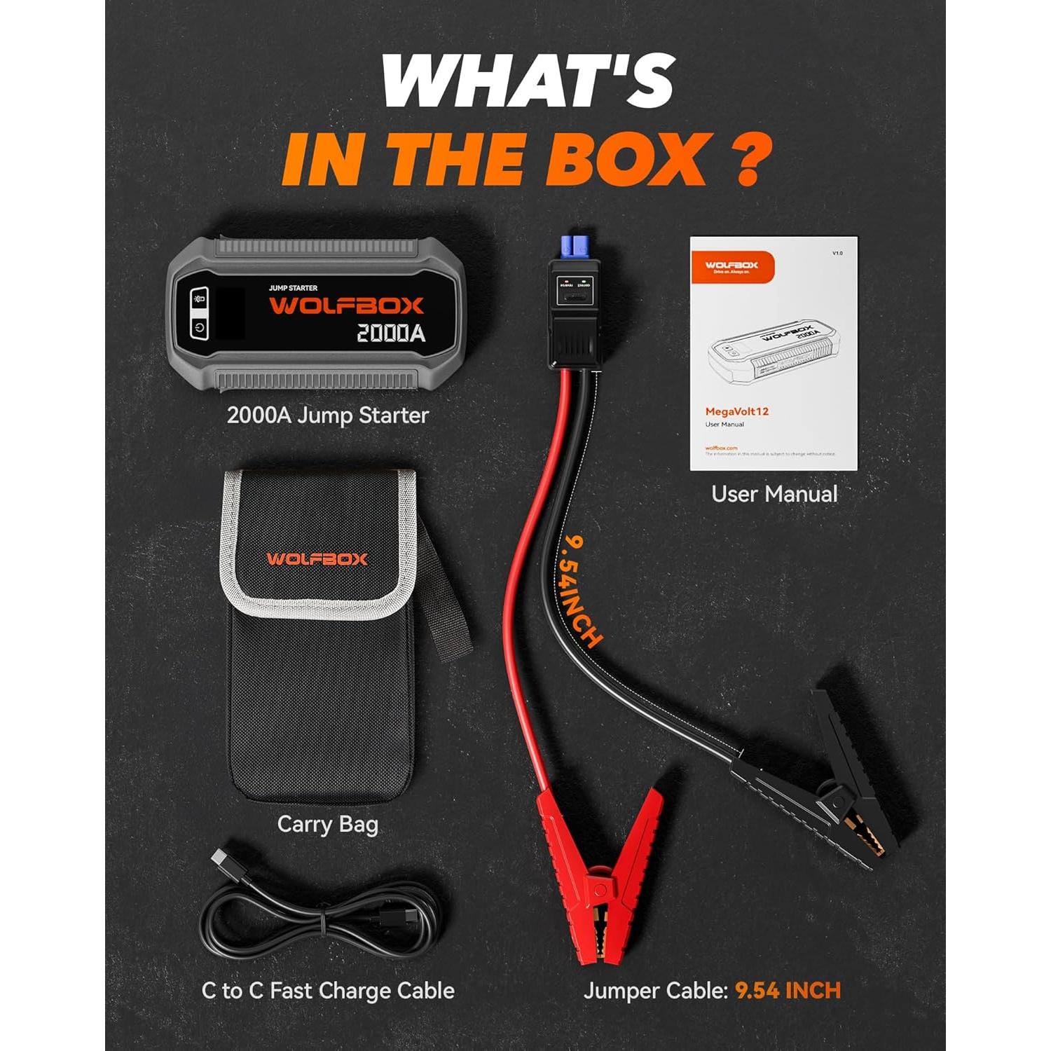 Arrancador de Salto WOLFBOX MegaVolt12 2000A 12000mAh