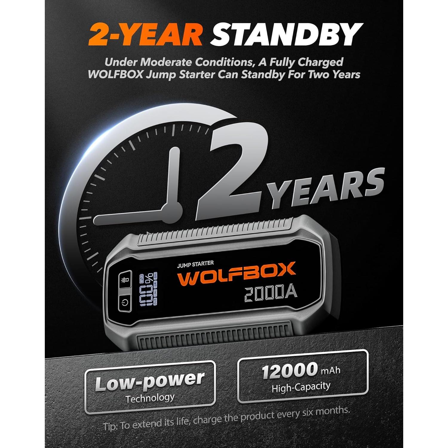 Arrancador de Salto WOLFBOX MegaVolt12 2000A 12000mAh