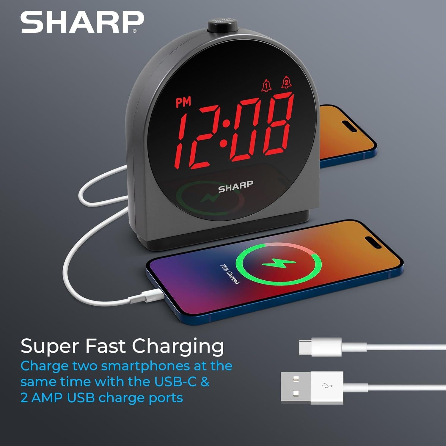 Reloj Despertador Sharp SPC5085C, 2 Alarmas, Carga USB