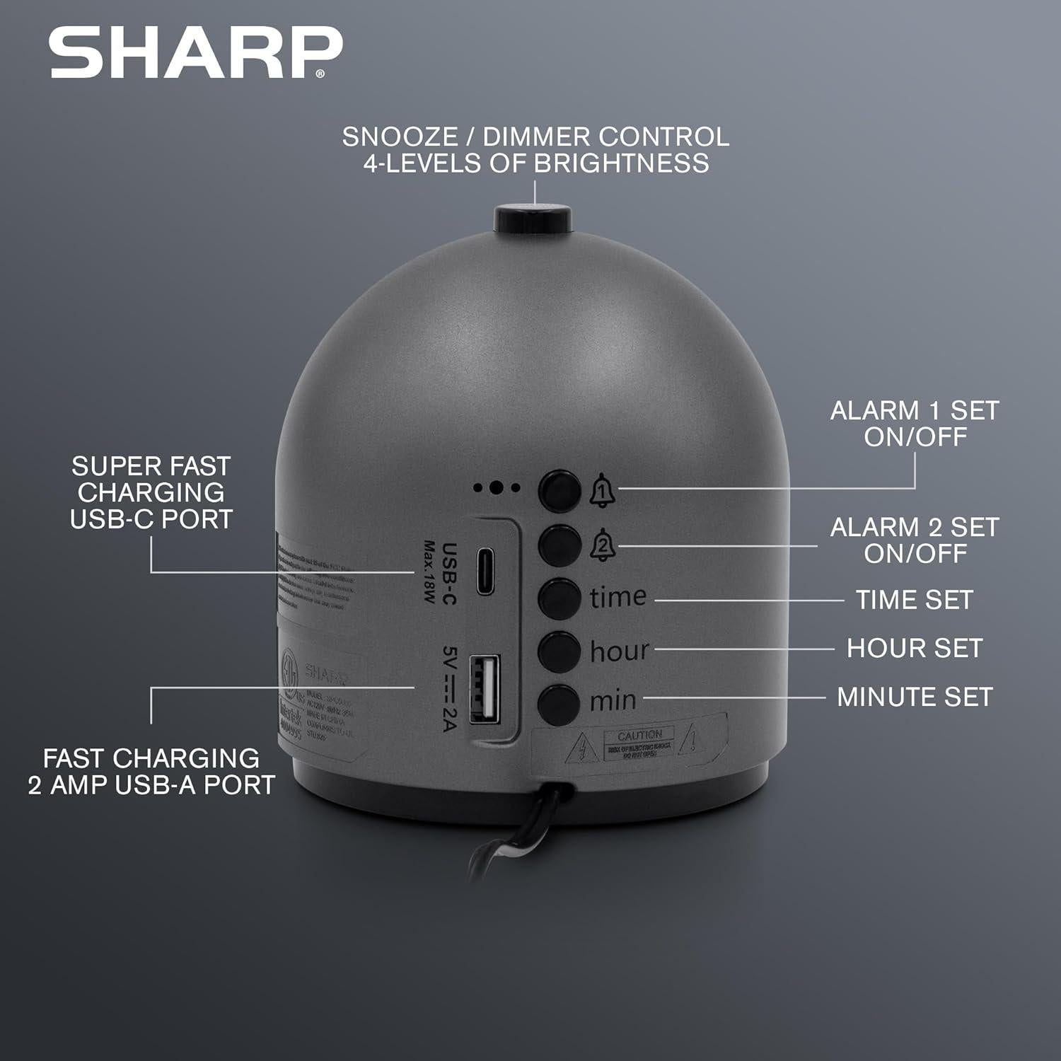 Reloj Despertador Sharp SPC5085C, 2 Alarmas, Carga USB