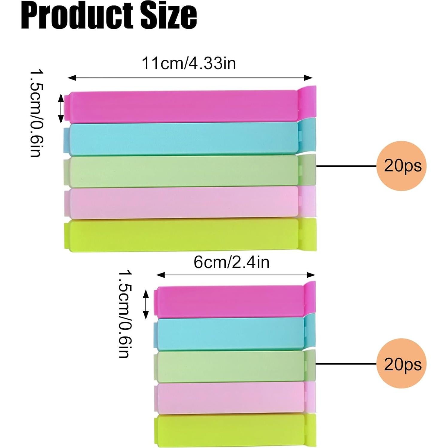 Zhtuck 40PCS Sealing Clip Bag Plastic Food Bag Clips Large Size Chip Clips Bag Clips Food Clips for Food Storage Kitchen and Home (4.3in x 20, 2.4in x20)