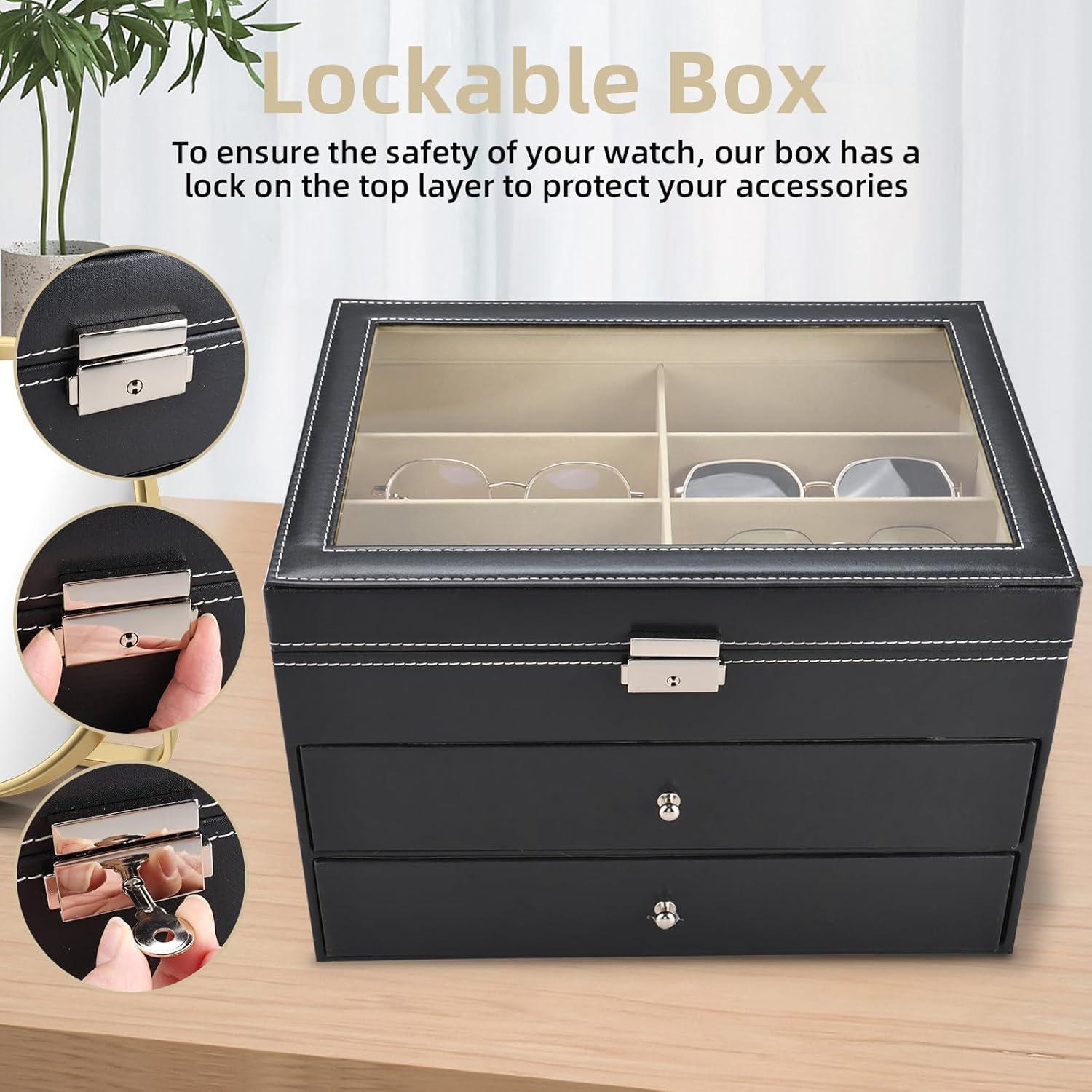 Organizador de Gafas de Sol con Tapa de Vidrio y Cerradura - Negro