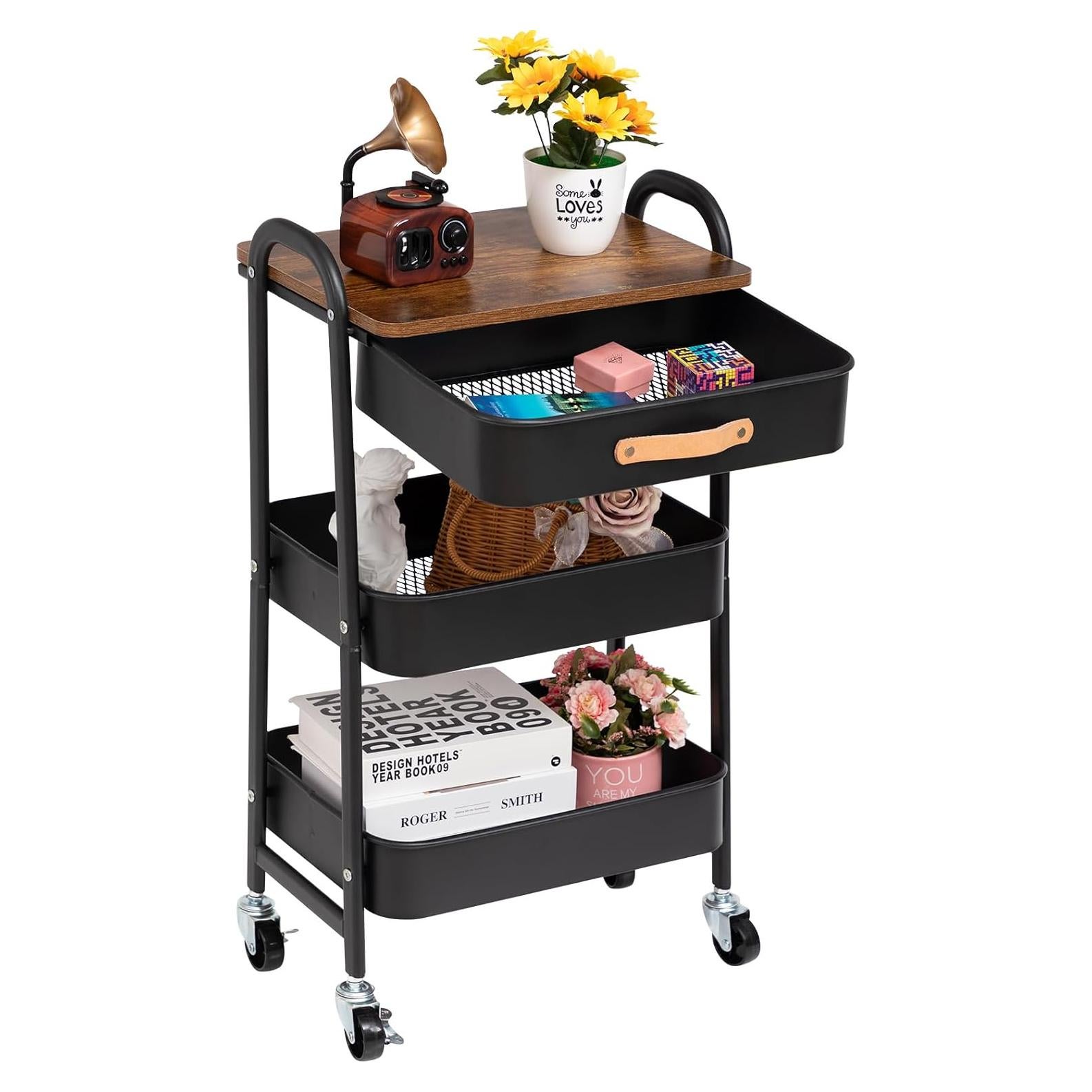 Carro de Maquillaje AGTEK Móvil 3 Niveles Negro con Ruedas