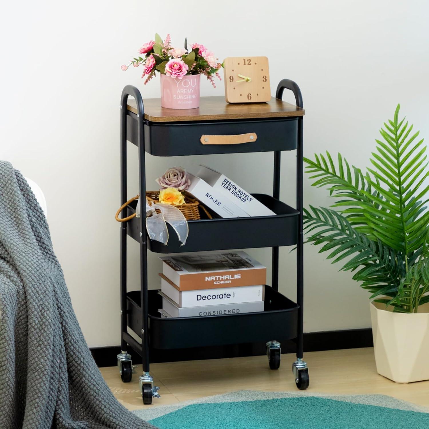 Carro de Maquillaje AGTEK Móvil 3 Niveles Negro con Ruedas