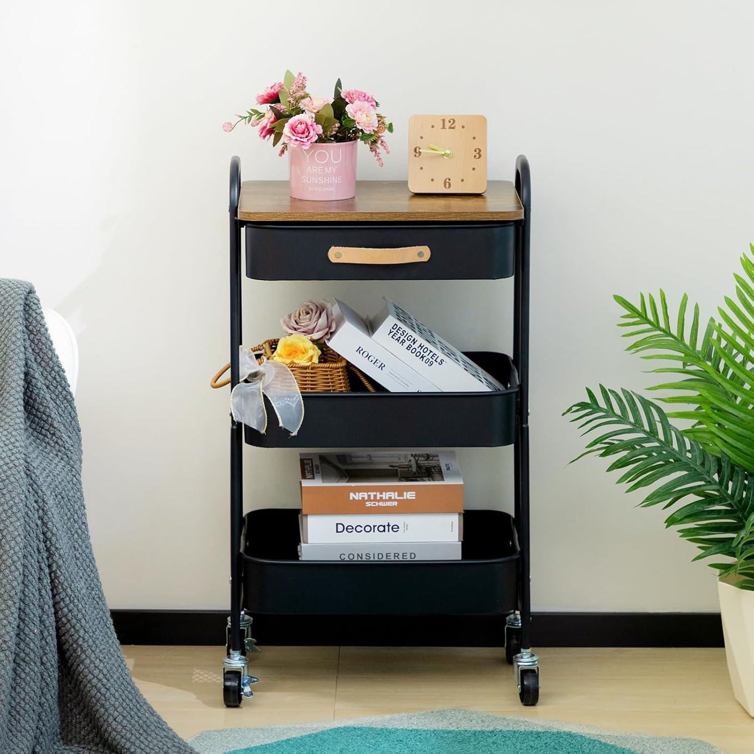 Carro de Maquillaje AGTEK Móvil 3 Niveles Negro con Ruedas