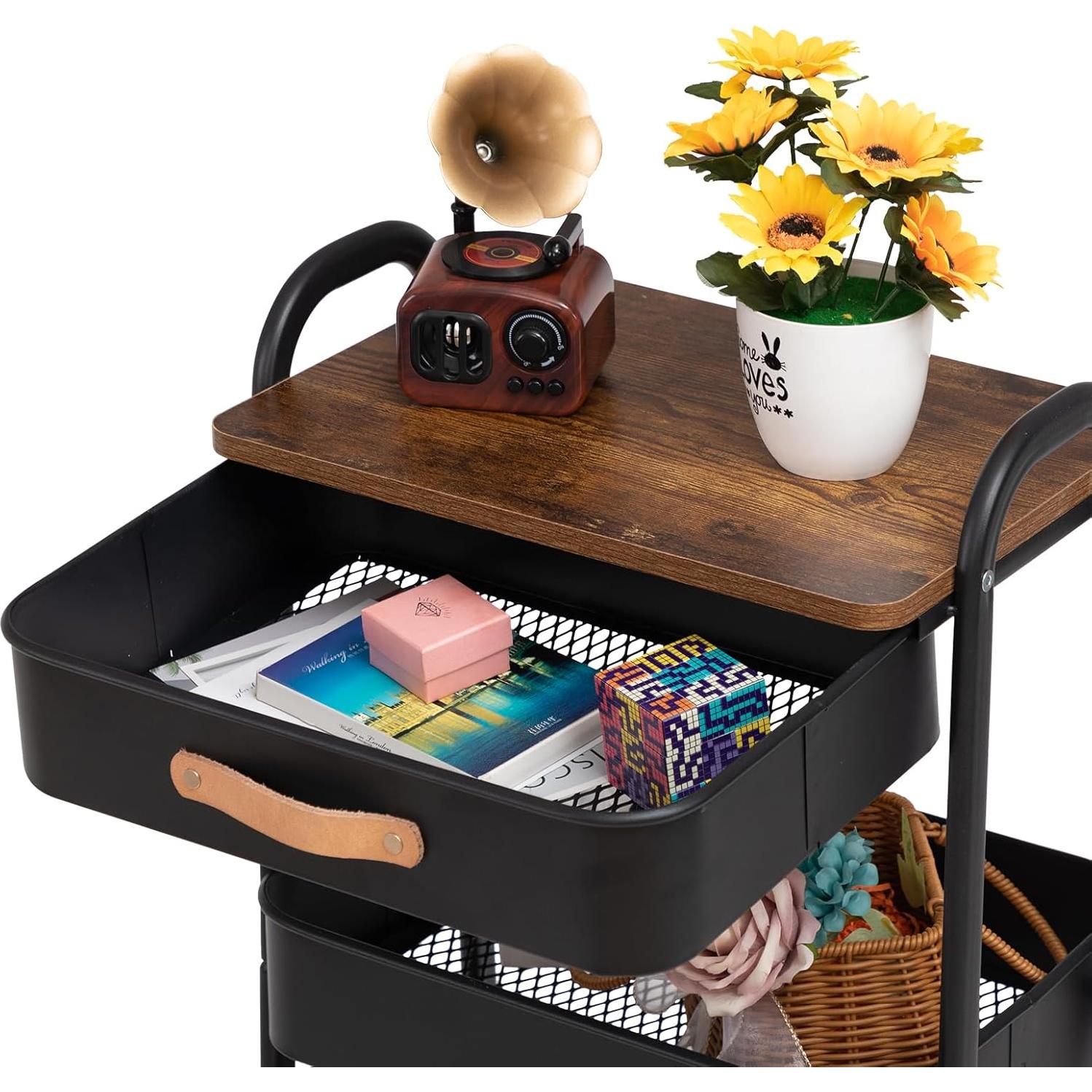 Carro de Maquillaje AGTEK Móvil 3 Niveles Negro con Ruedas