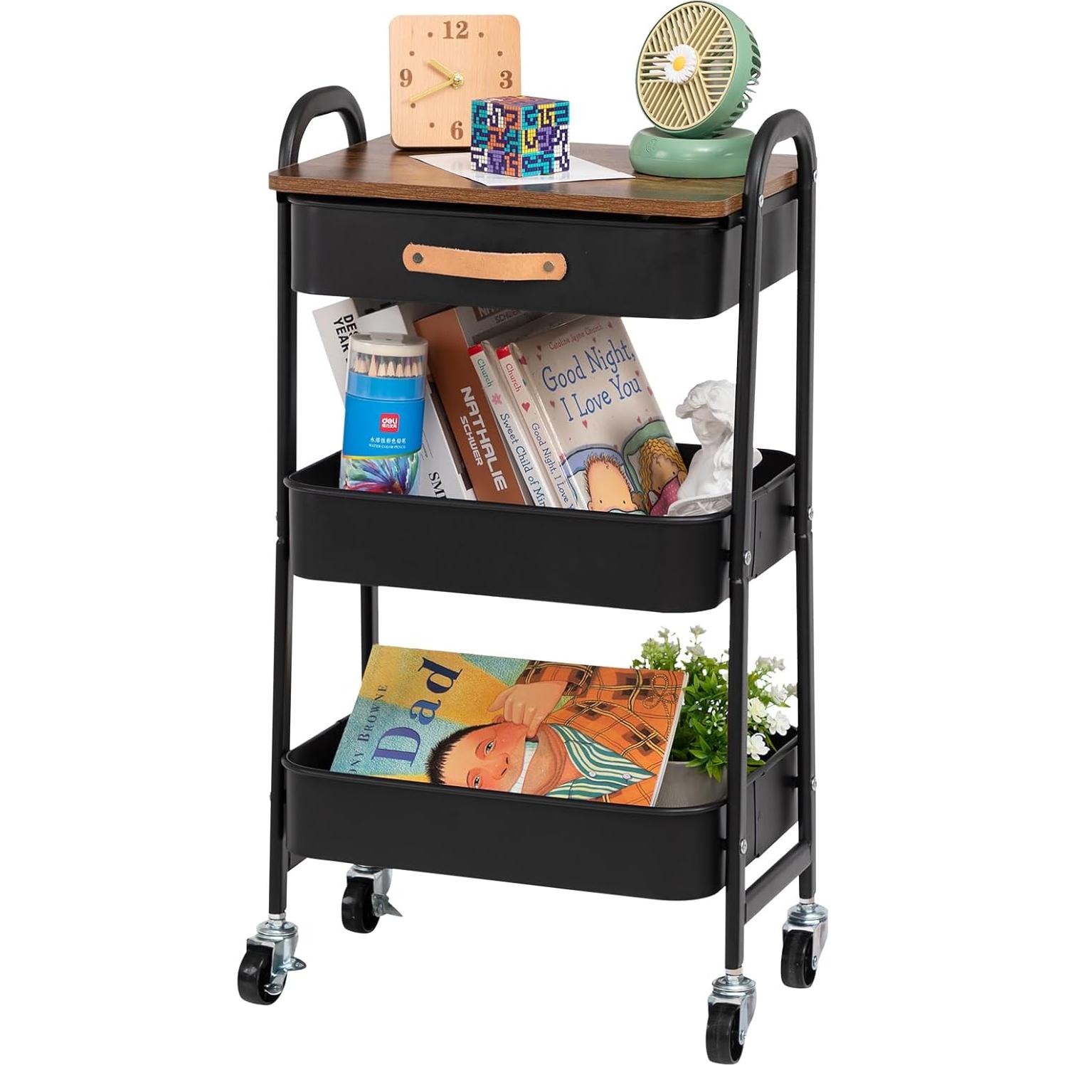 Carro de Maquillaje AGTEK Móvil 3 Niveles Negro con Ruedas