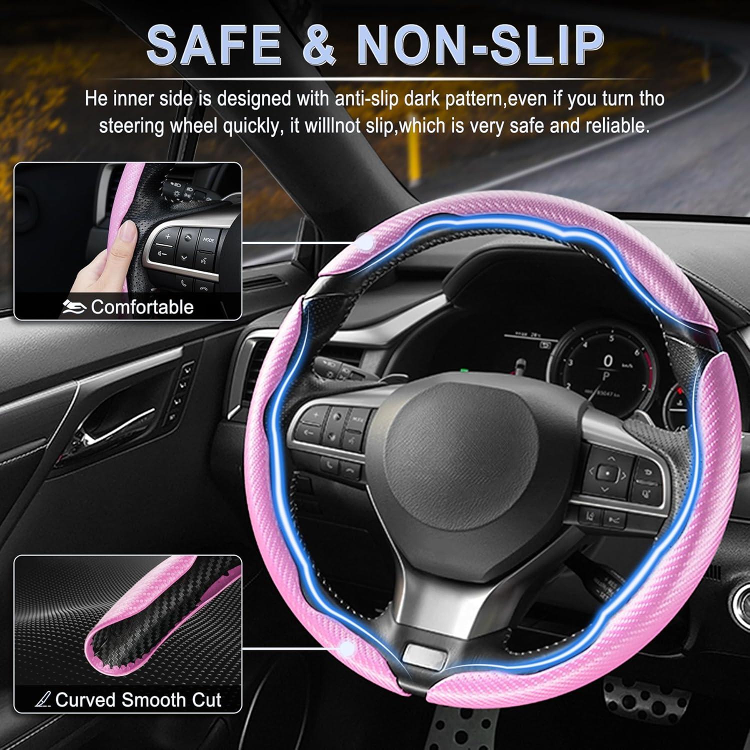 Funda de Volante Antideslizante Amiss 3pcs Rosa Fibra Carbono