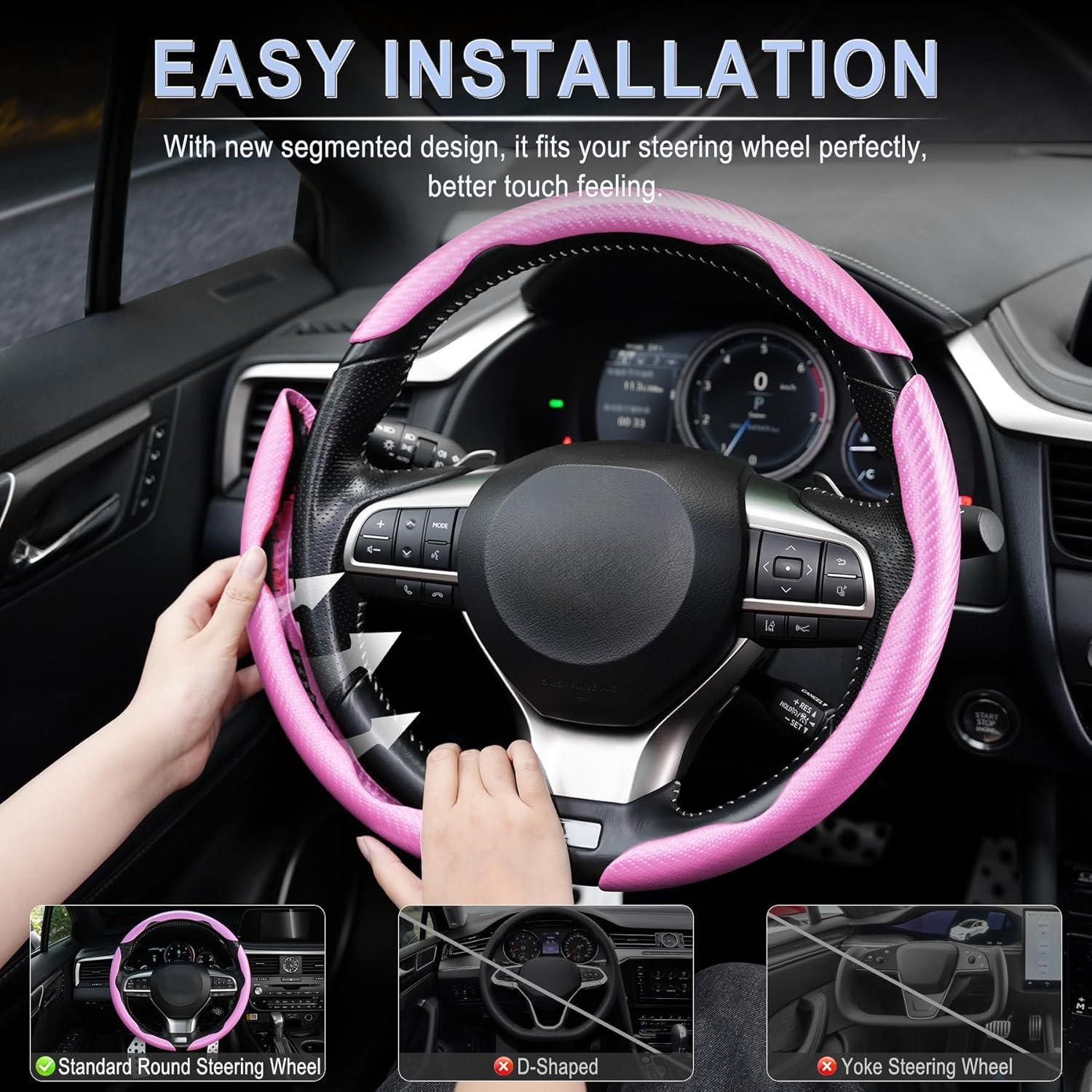 Funda de Volante Antideslizante Amiss 3pcs Rosa Fibra Carbono