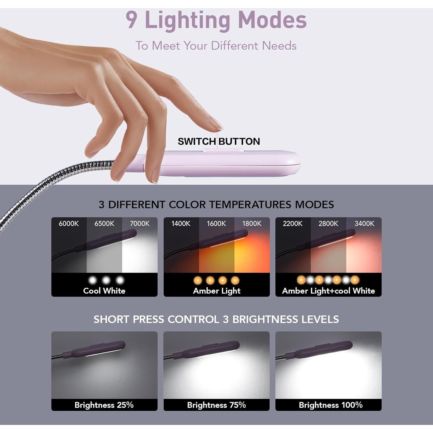 Luz de Lectura Recargable VAVOFO 7 LEDs Ámbar 1600K Clip Rosa