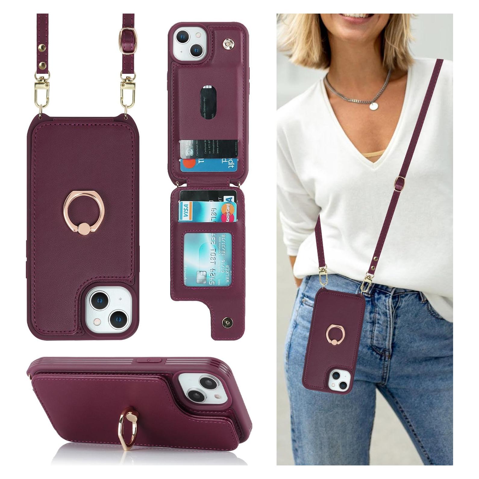 Funda para iPhone 14 Lipvina con soporte y correa vino rojo