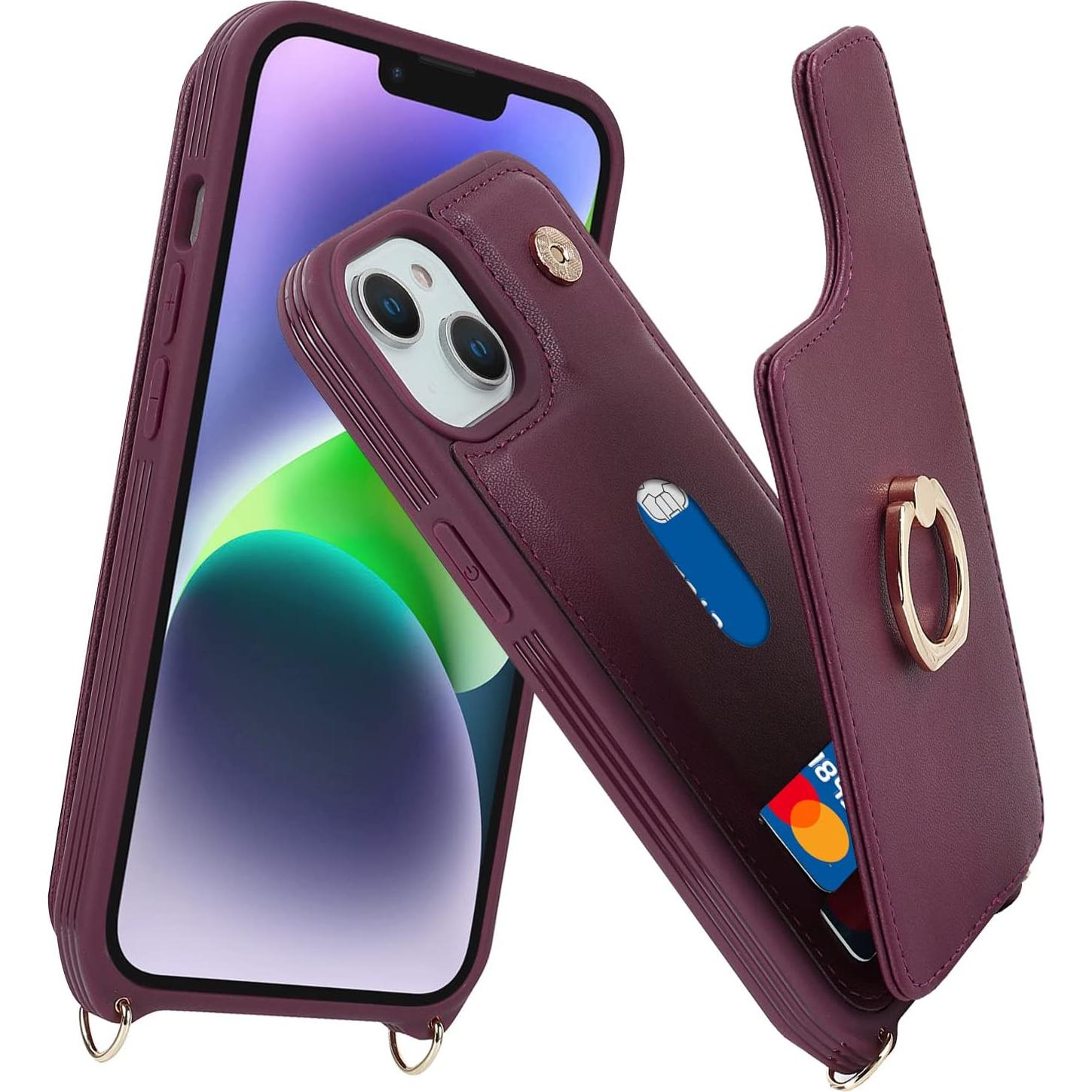 Funda para iPhone 14 Lipvina con soporte y correa vino rojo